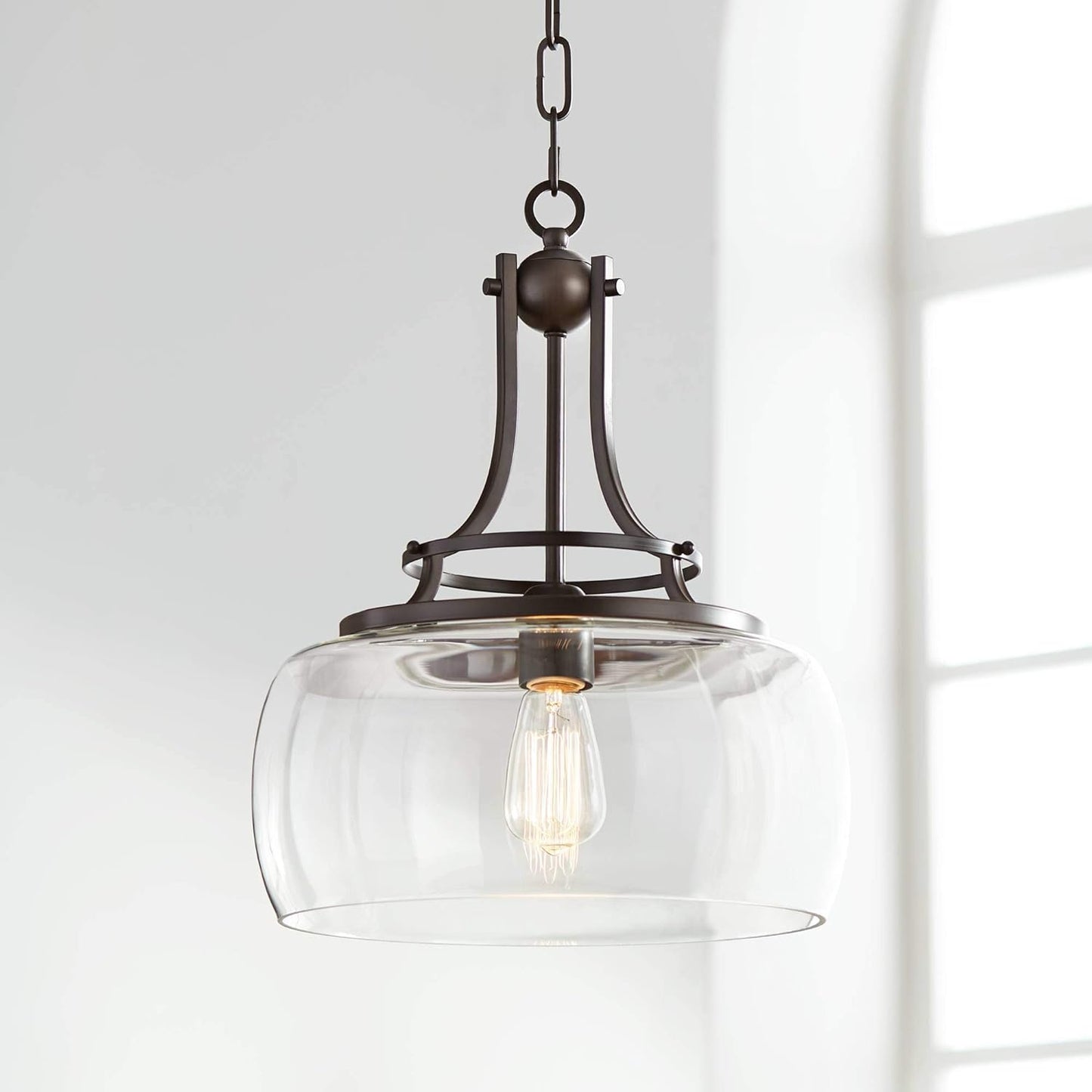 Franklin Iron Works Pendant Light Fixture - Charleston Brushed Nickel, Clear Glass, Farmhouse Pendant Light for Kitchen Islands, Living Rooms, Dining Rooms, and Bedrooms - 13 1/2" Wide, 16" High