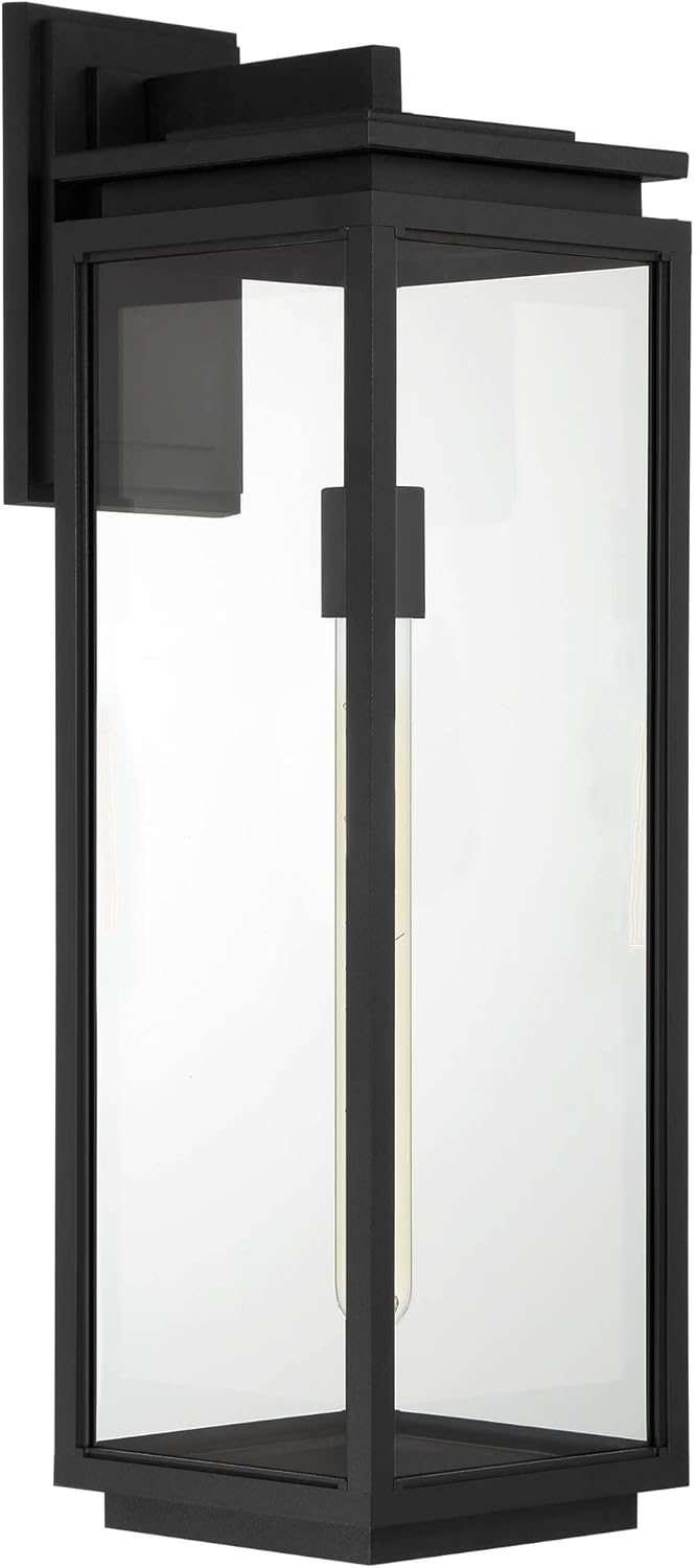 Possini Euro Design Atkins 24" High Modern Outdoor Wall Light Fixture Mount Porch House Exterior Outside Lantern Edison Bulb Weatherproof Matte Black Die Cast Metal Clear Glass Shade Front Door