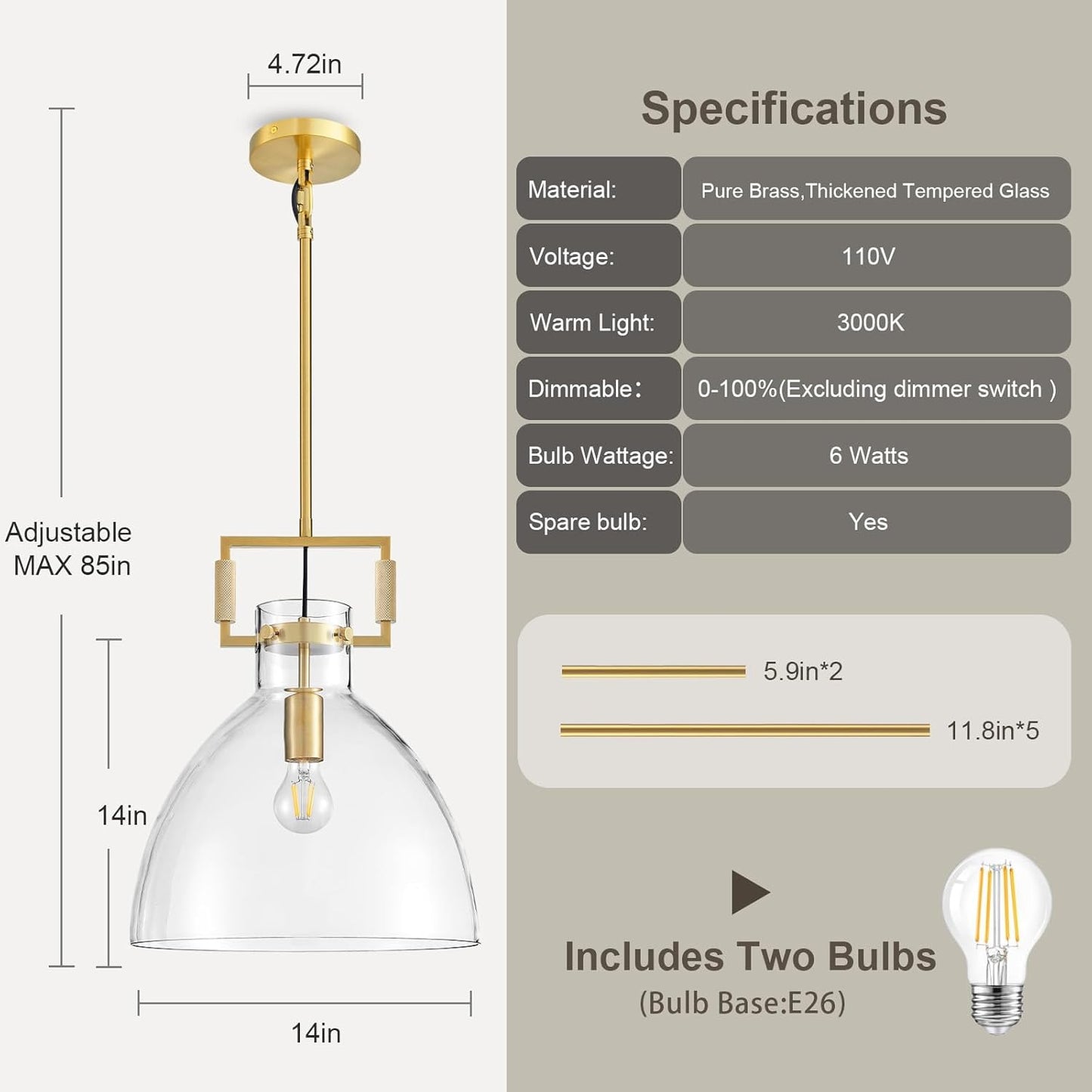 Mondern Large Brass Kitchen Island Pendant Light, 14 '' W 1-Light Glass and Gold Island Pendant Lights,Farmhouses Pendant Light, for Kitchen,Dining Room,Bathroom,Included 2 Bulb