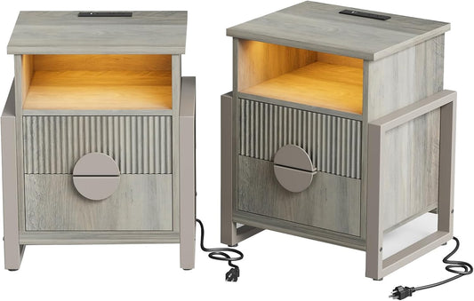 LGHM Fluted Nightstand Set of 2 with Charger Station, Strip Lights,Night Stand with 2 Drawers, Accent Bed Side Table and End Table,Curved Profile Design, Raising H Legs for Bedroom, Living Room,Gray