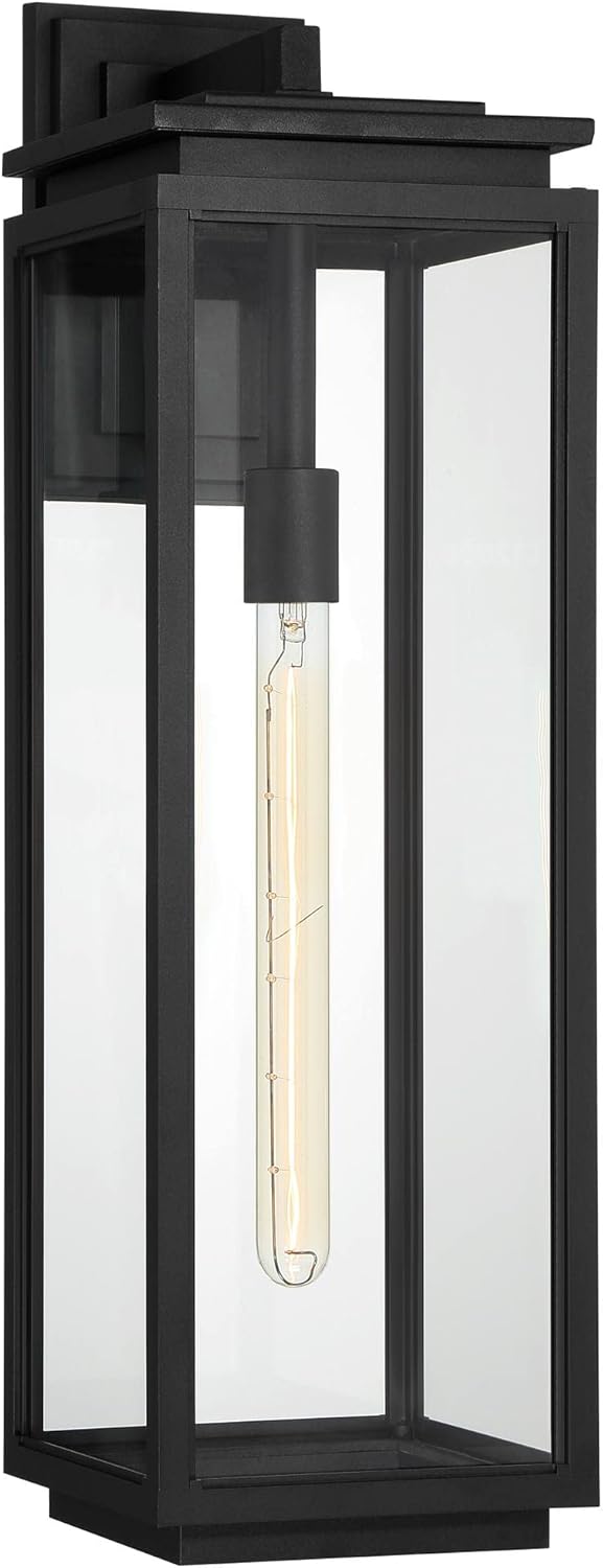 Possini Euro Design Atkins 24" High Modern Outdoor Wall Light Fixture Mount Porch House Exterior Outside Lantern Edison Bulb Weatherproof Matte Black Die Cast Metal Clear Glass Shade Front Door