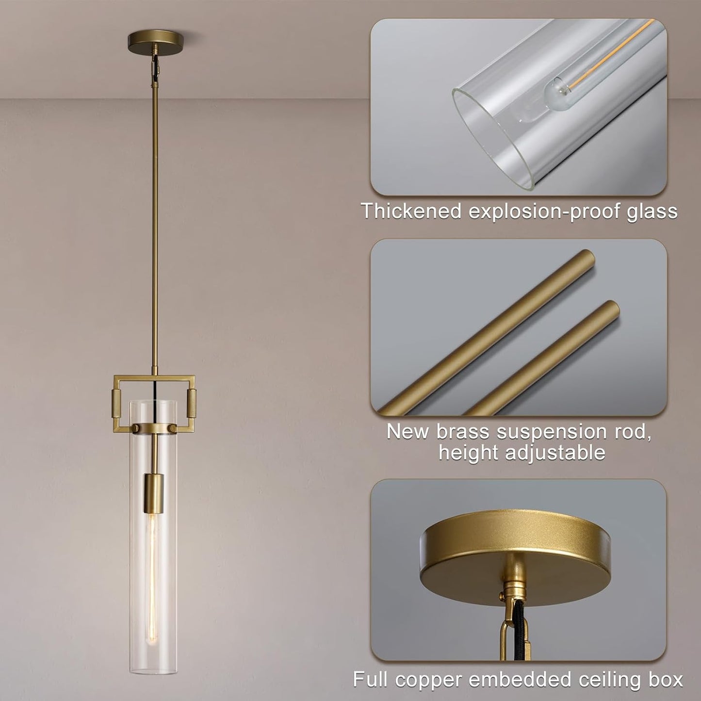 Modern Gold Pendant Light Fixture Set of 2-21.6 Inch Adjustable Hanging Chandelier with Glass Shade & Brass Finish, Large Farmhouse Island Lighting for Kitchen, Dining Room, Bathroom