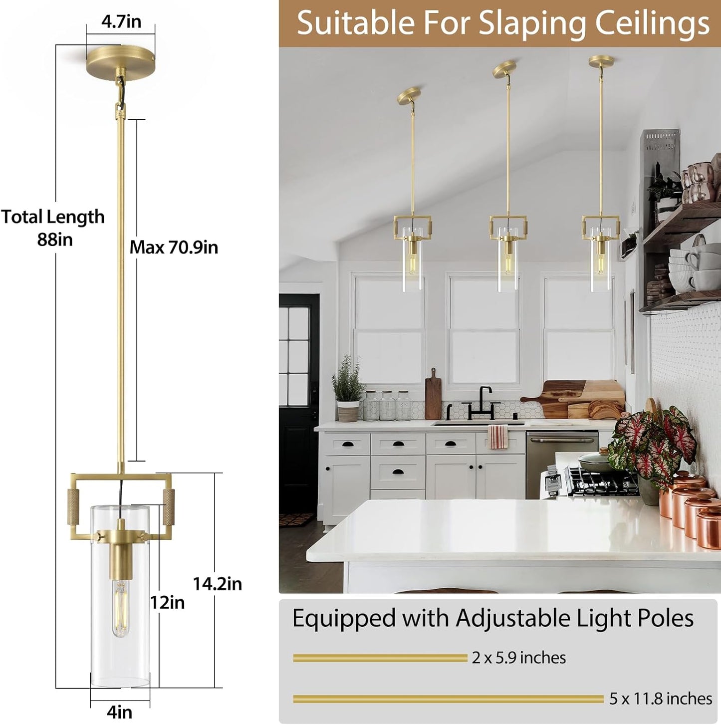 Brass Pendant Lights Kitchen Island, Modern Gold Pendant Lights 2 Pack,12Inch Glass Knurled Kitchen Pendant Lighting Over Island,Farmhouse Island Lights For Kitchen Sink,Bathroom,Bedroom,Dinning Table