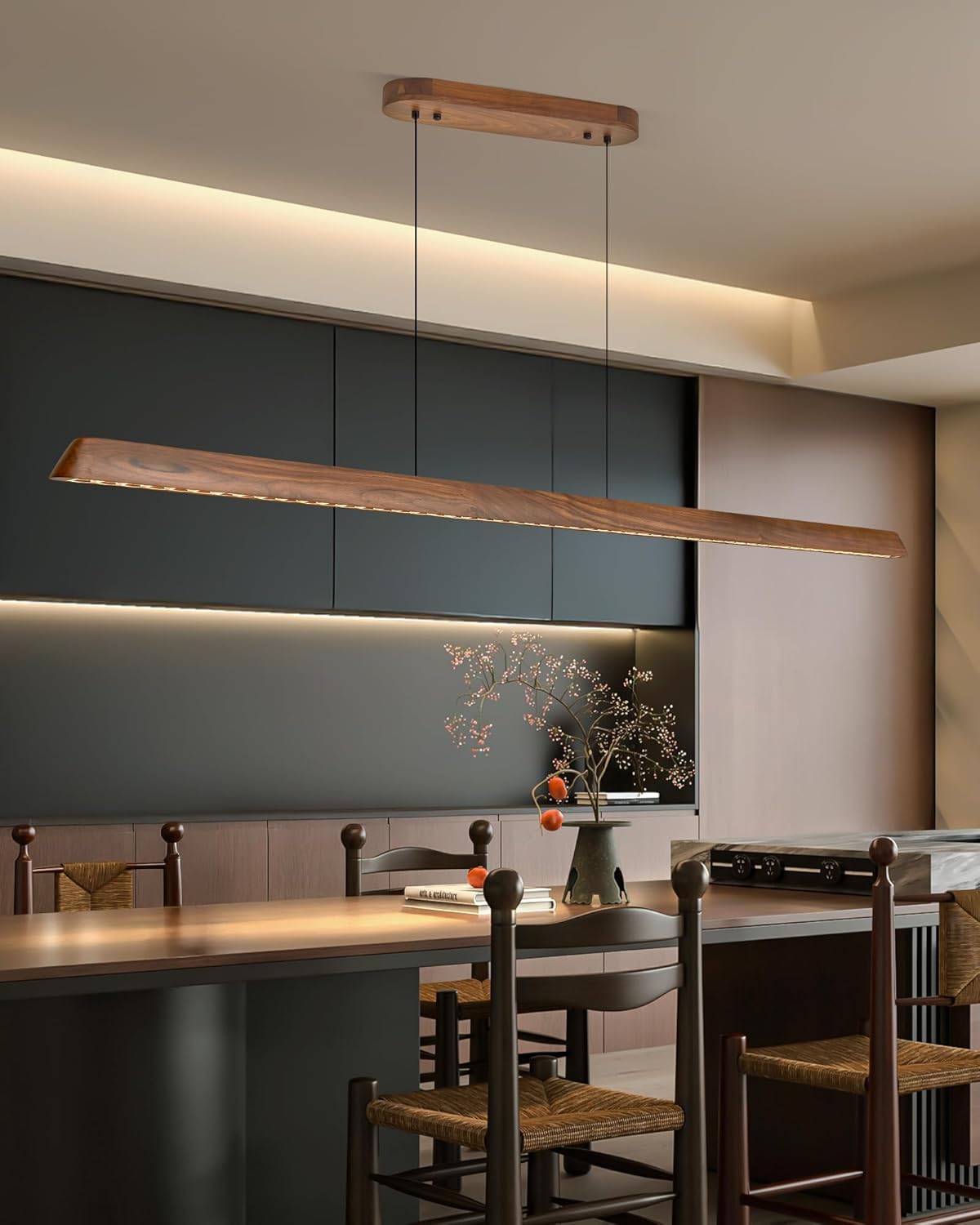 59" Wood Linear Pendant Light, Dimmable Kitchen Island Lighting with Remote, 30W LED Island Lights for Kitchen, Adjustable Linear Chandelier for Dinning Room Light Fixture, Bar, Pool Table Light