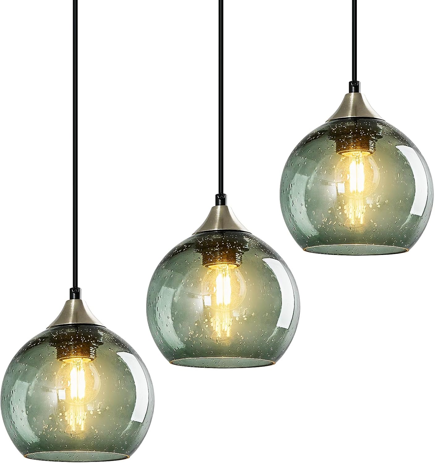 Gray Green Glass Pendant Lights Kitchen Island Lighting Globe Pendant Light Fixtures Modern Pendant Lighting for Kitchen Island Bedroom Living Dining Room Light Fixture(9.84in, 3-Pack)