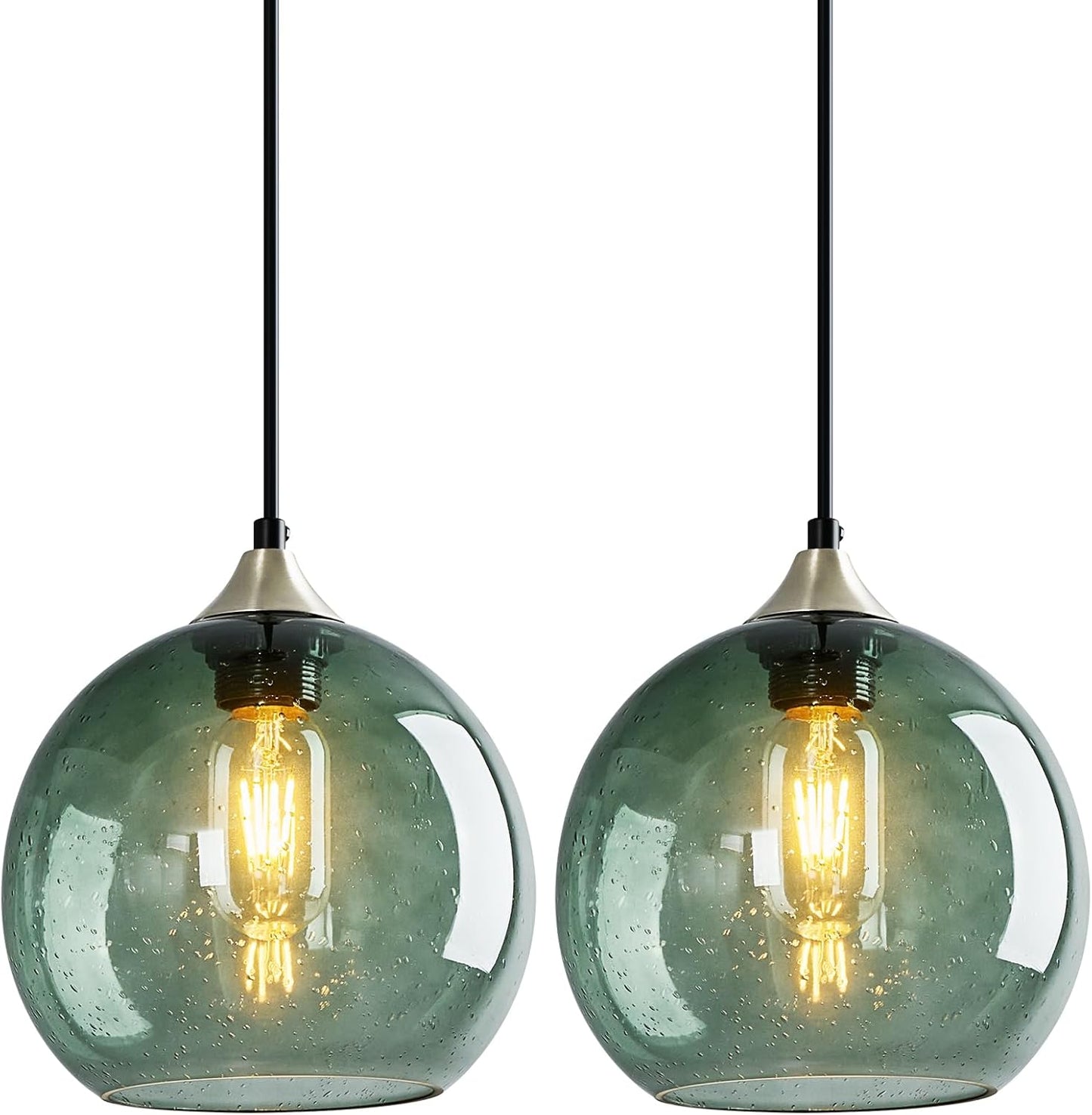 Gray Green Glass Pendant Lights Kitchen Island Lighting Globe Pendant Light Fixtures Modern Pendant Lighting for Kitchen Island Bedroom Living Dining Room Light Fixture(9.84in, 3-Pack)