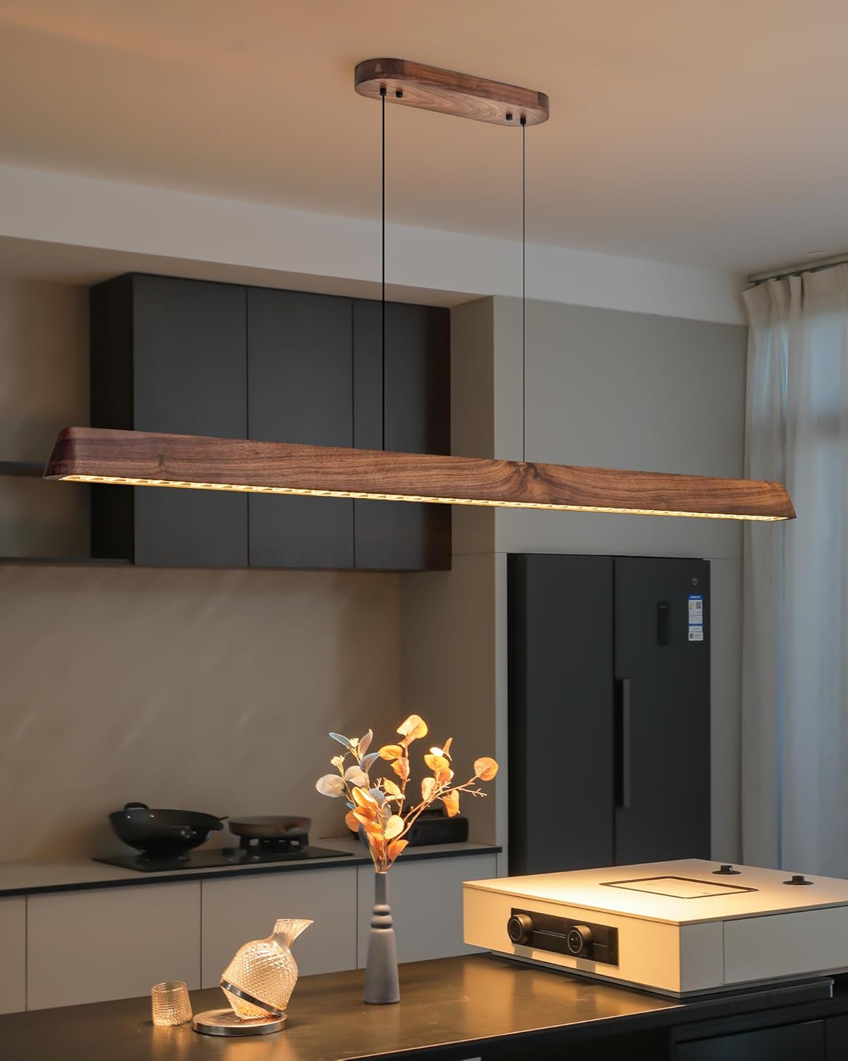 59" Wood Linear Pendant Light, Dimmable Kitchen Island Lighting with Remote, 30W LED Island Lights for Kitchen, Adjustable Linear Chandelier for Dinning Room Light Fixture, Bar, Pool Table Light