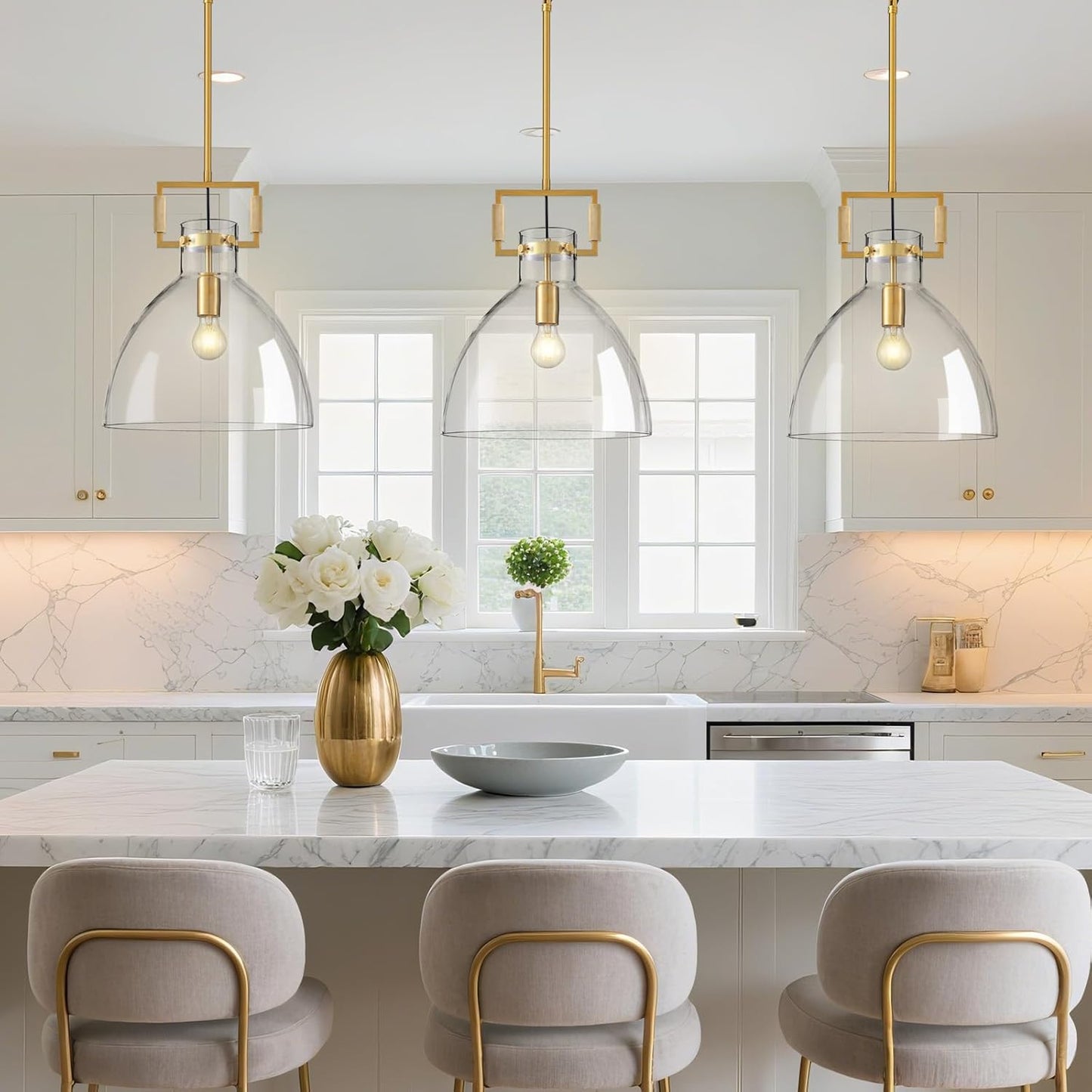 Mondern Large Brass Kitchen Island Pendant Light, 14 '' W 1-Light Glass and Gold Island Pendant Lights,Farmhouses Pendant Light, for Kitchen,Dining Room,Bathroom,Included 2 Bulb