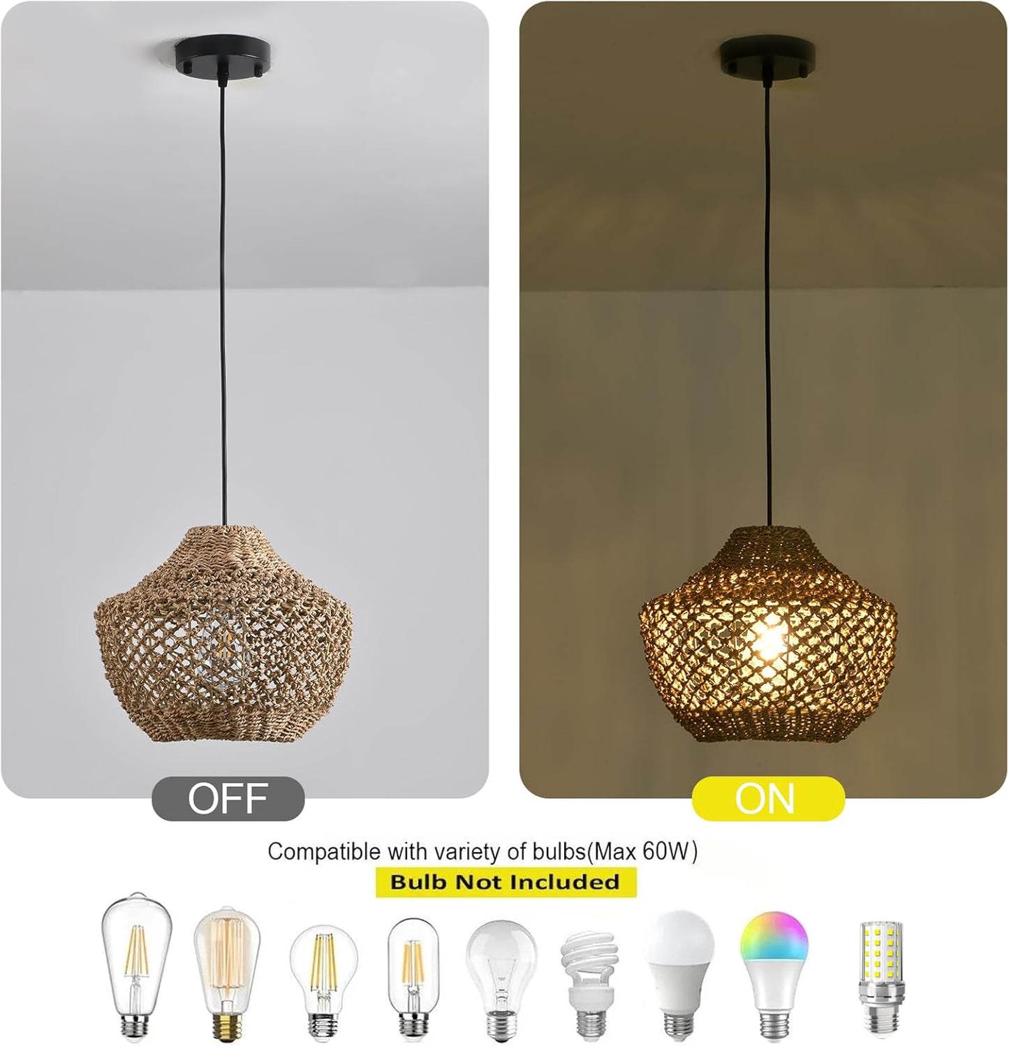 Rattan Pendant Light Fixtures,11.81" Boho Pendant Light,2-Pack Hand Woven Water Plants Rattan Chandelier for Workplace Occasions Restaurants Dining Living Bedroom Kitchen Farmhouse