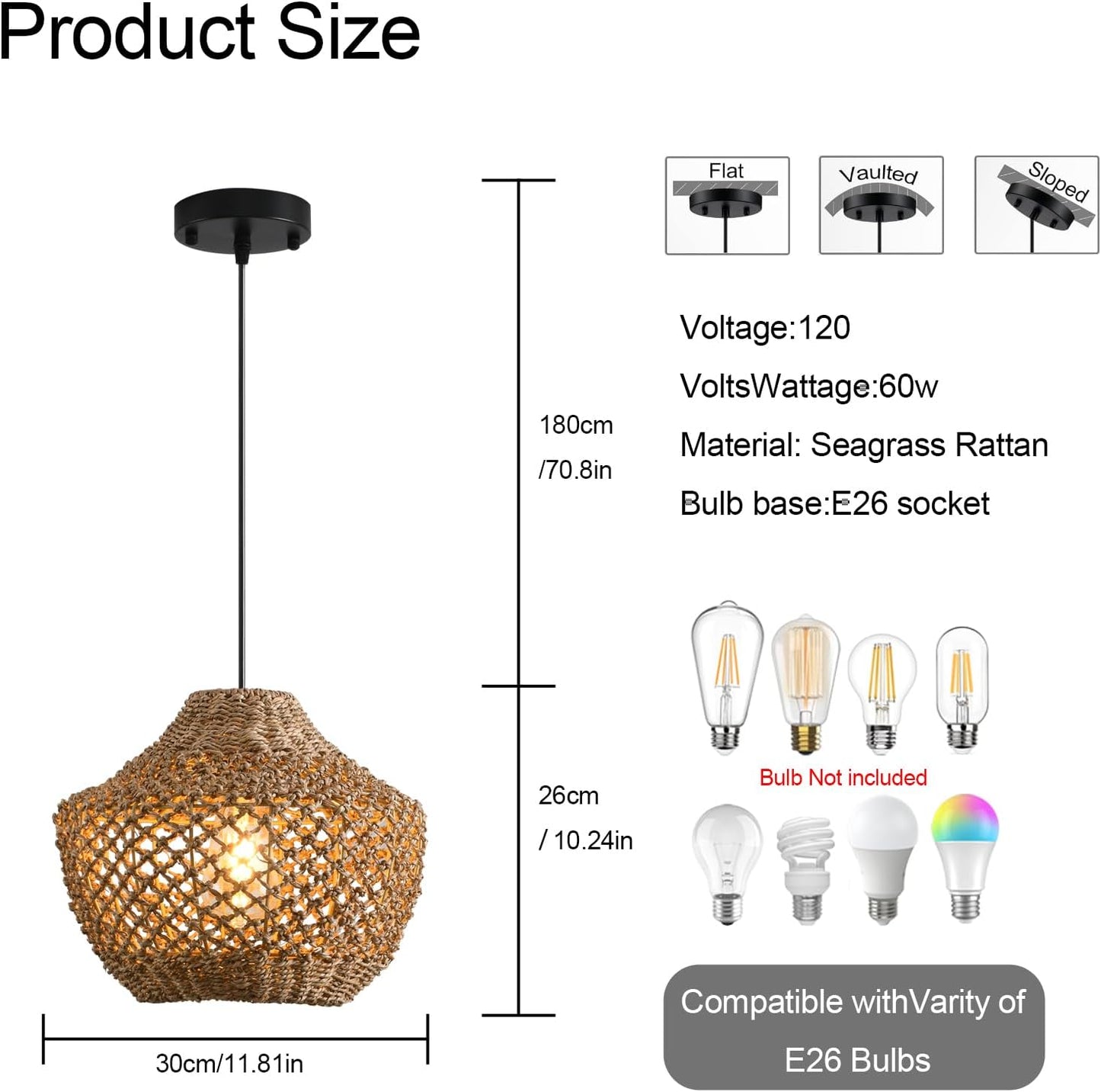 Rattan Pendant Light Fixtures,11.81" Boho Pendant Light,2-Pack Hand Woven Water Plants Rattan Chandelier for Workplace Occasions Restaurants Dining Living Bedroom Kitchen Farmhouse