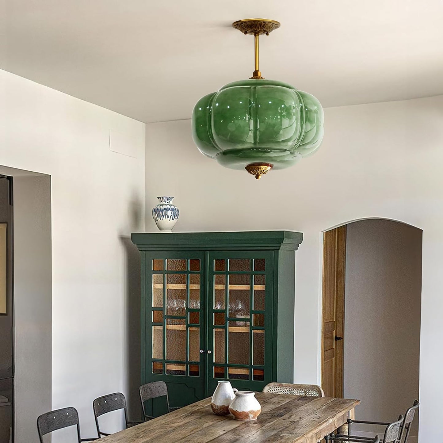 Milk Glass Ceiling Light Fixture - Antique Brass Semi Flush Mount Pendant Light for Kitchen, Hallway, and Bedroom (Green 15 inch)