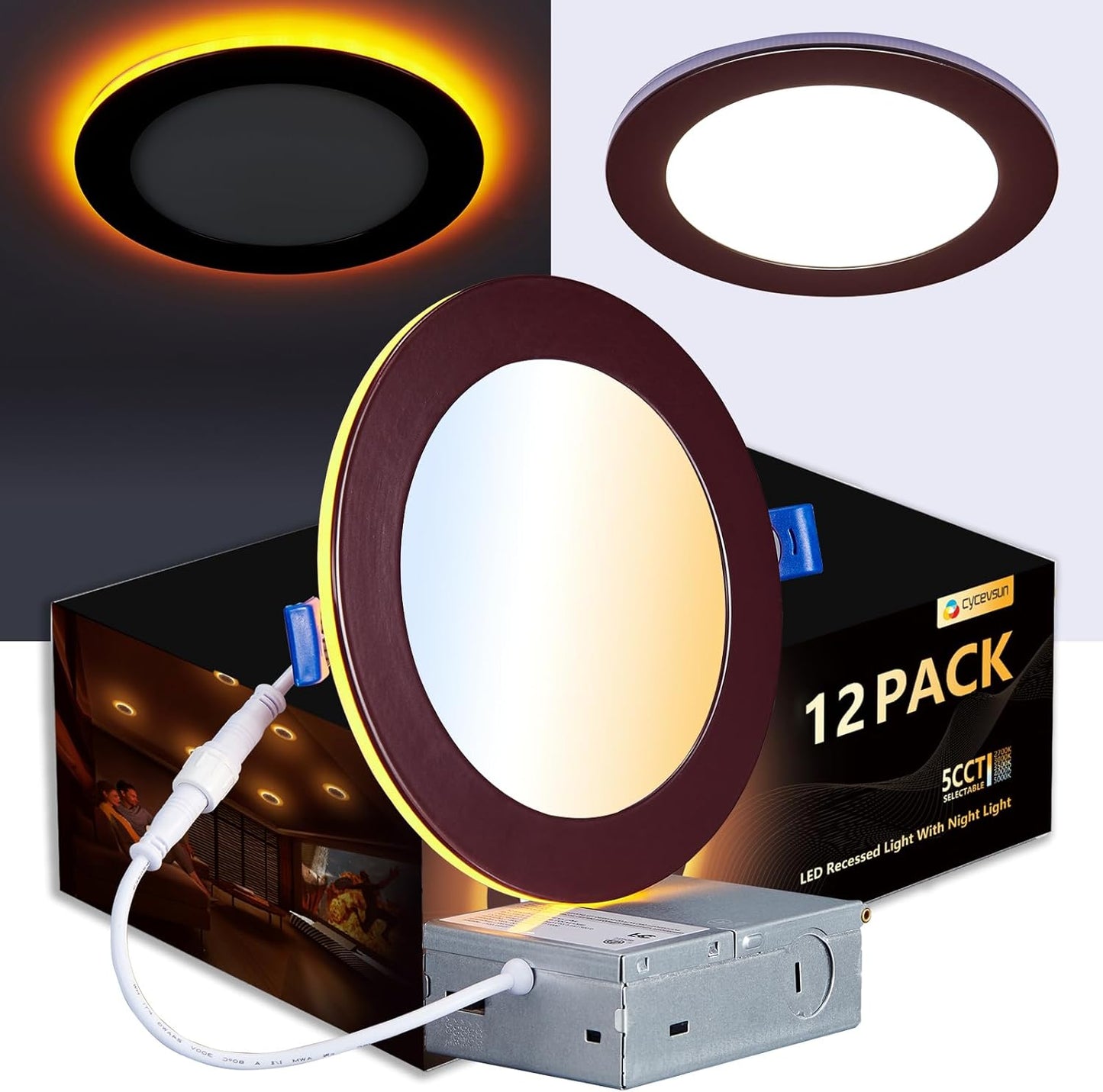 16 Pack Black Recessed Lights 4 Inch with Night Light, Canless Ultra Thin Wafer Soffit Downlight with Junction Box, Dimmable & 5 Color Selectable, 9W, ETL & Energy Star
