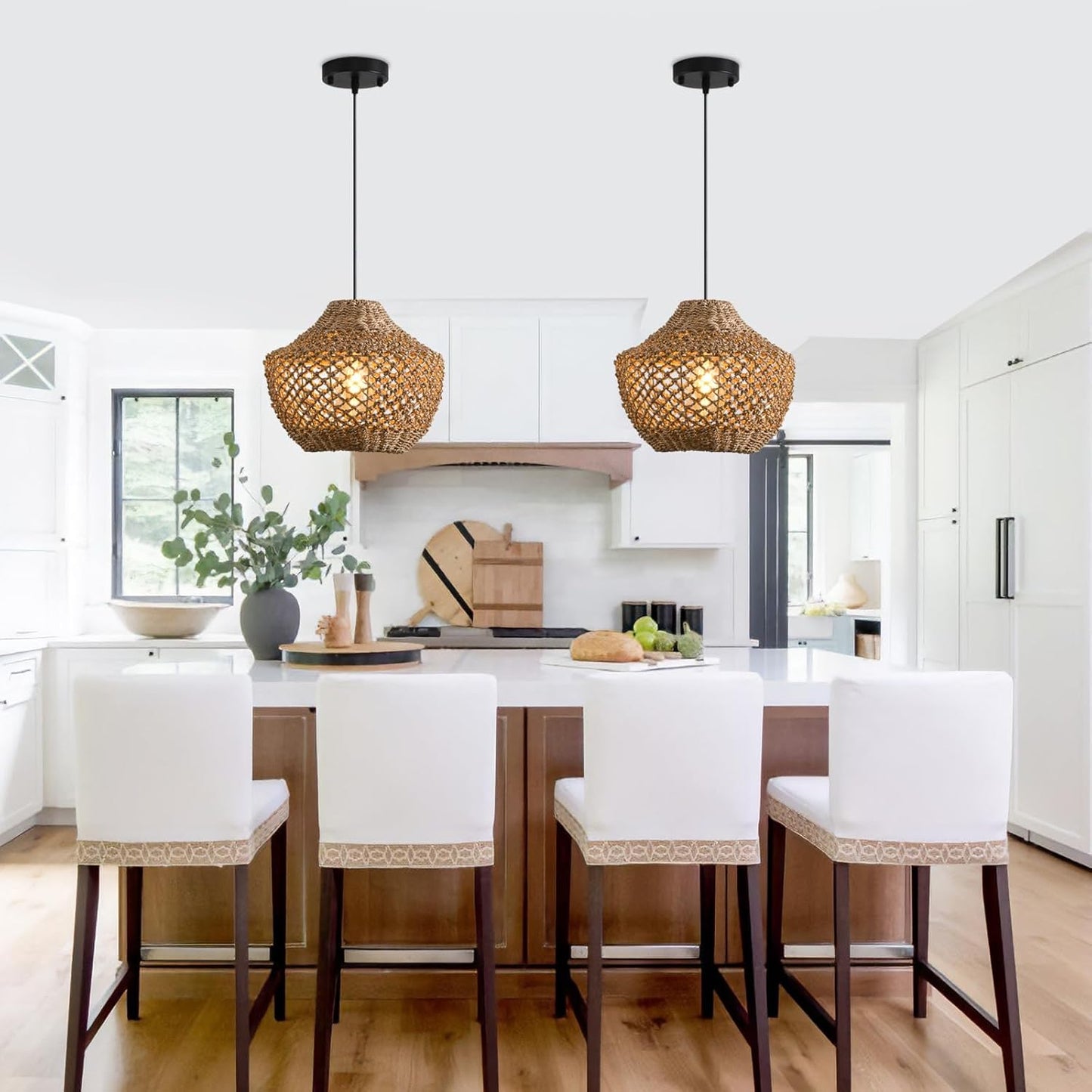 Rattan Pendant Light Fixtures,11.81" Boho Pendant Light,2-Pack Hand Woven Water Plants Rattan Chandelier for Workplace Occasions Restaurants Dining Living Bedroom Kitchen Farmhouse