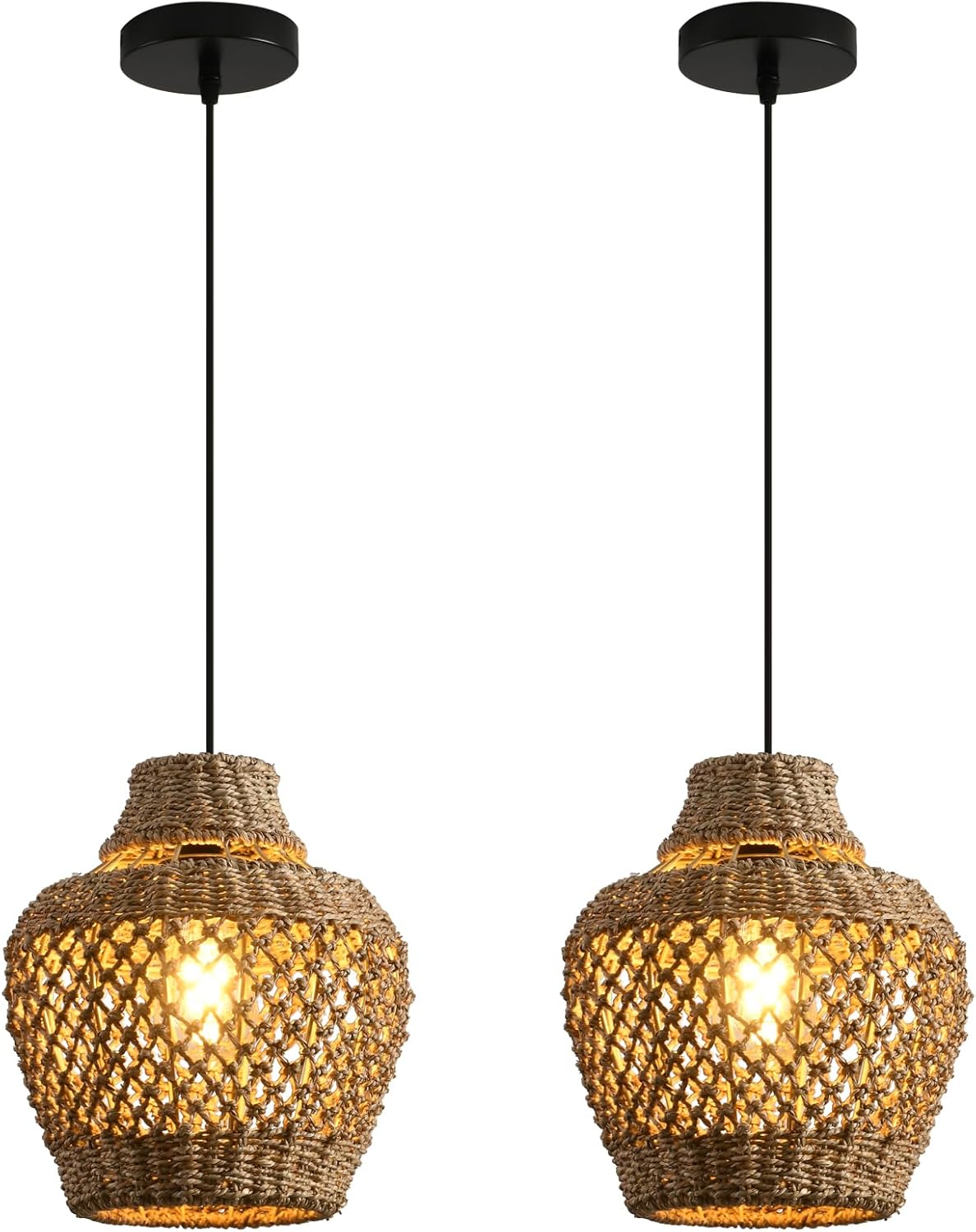 Rattan Pendant Light Fixtures,11.81" Boho Pendant Light,2-Pack Hand Woven Water Plants Rattan Chandelier for Workplace Occasions Restaurants Dining Living Bedroom Kitchen Farmhouse