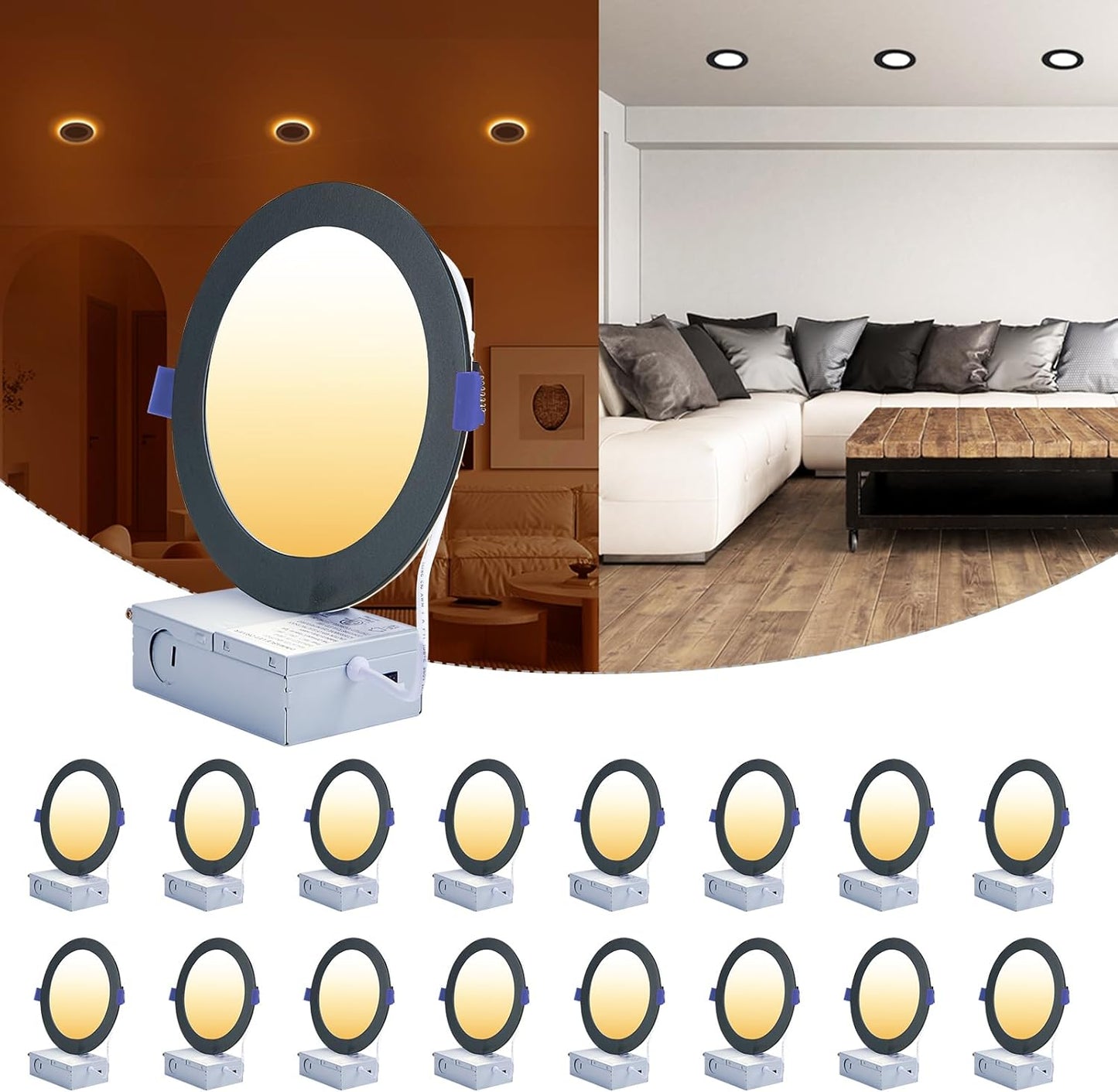 16 Pack Black Recessed Lights 4 Inch with Night Light, Canless Ultra Thin Wafer Soffit Downlight with Junction Box, Dimmable & 5 Color Selectable, 9W, ETL & Energy Star