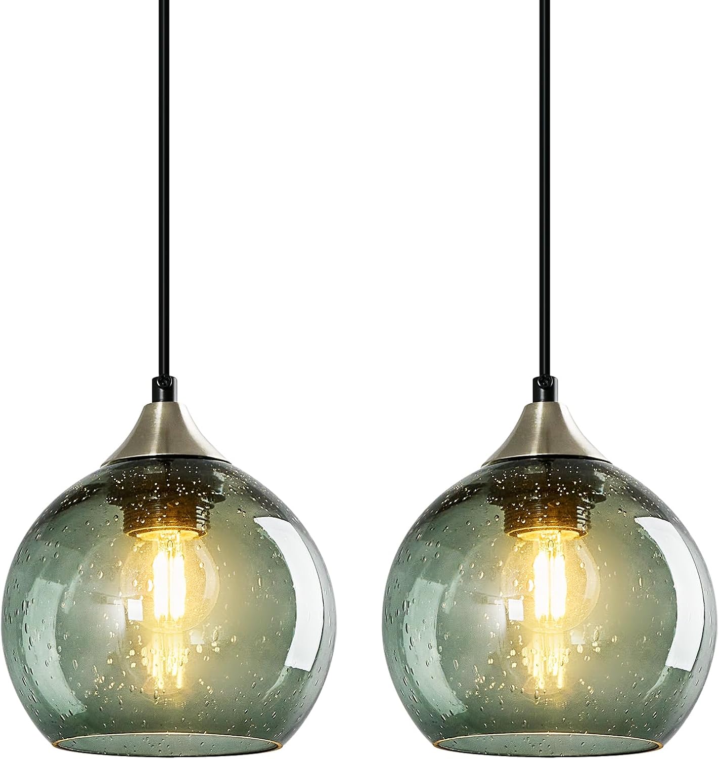 Gray Green Glass Pendant Lights Kitchen Island Lighting Globe Pendant Light Fixtures Modern Pendant Lighting for Kitchen Island Bedroom Living Dining Room Light Fixture(9.84in, 3-Pack)