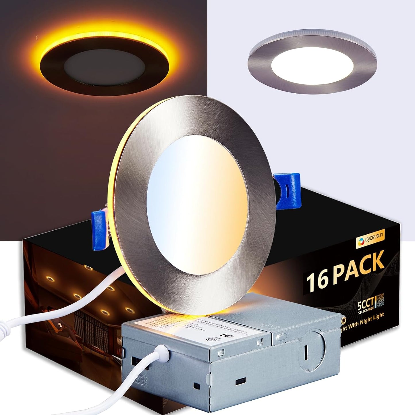 16 Pack Black Recessed Lights 4 Inch with Night Light, Canless Ultra Thin Wafer Soffit Downlight with Junction Box, Dimmable & 5 Color Selectable, 9W, ETL & Energy Star