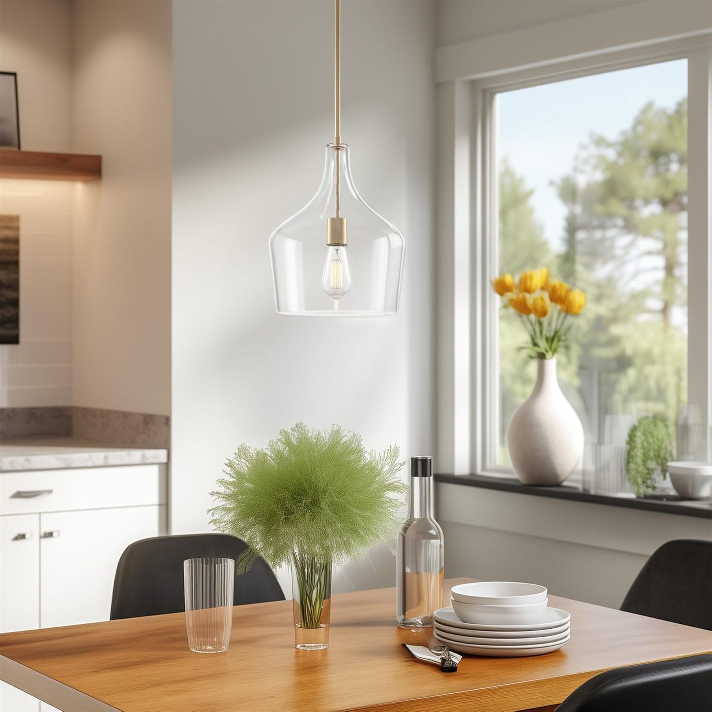 Kira Home Lucy 16" Modern Pendant Light + Clear Glass Vase Shade, Adjustable Hanging Height, Cool Brass Finish