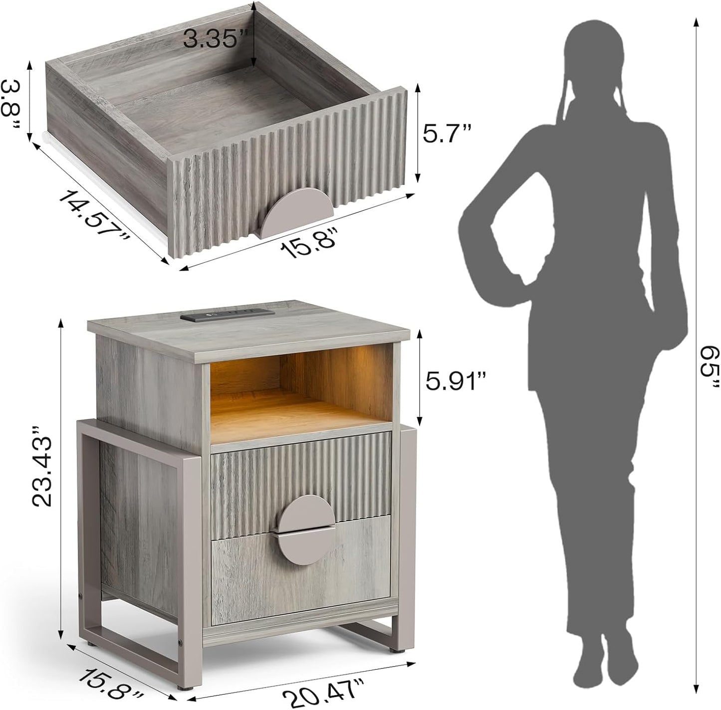 LGHM Fluted Nightstand Set of 2 with Charger Station, Strip Lights,Night Stand with 2 Drawers, Accent Bed Side Table and End Table,Curved Profile Design, Raising H Legs for Bedroom, Living Room,Gray