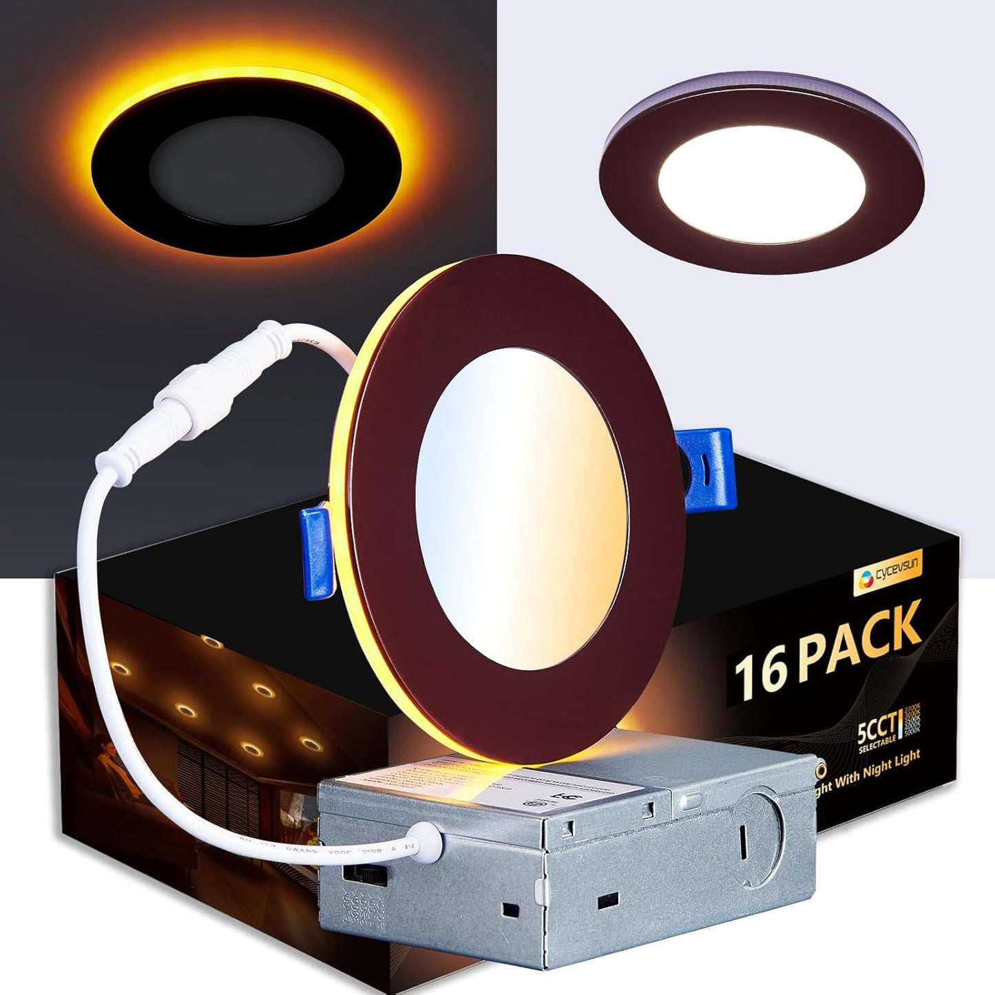 16 Pack Black Recessed Lights 4 Inch with Night Light, Canless Ultra Thin Wafer Soffit Downlight with Junction Box, Dimmable & 5 Color Selectable, 9W, ETL & Energy Star