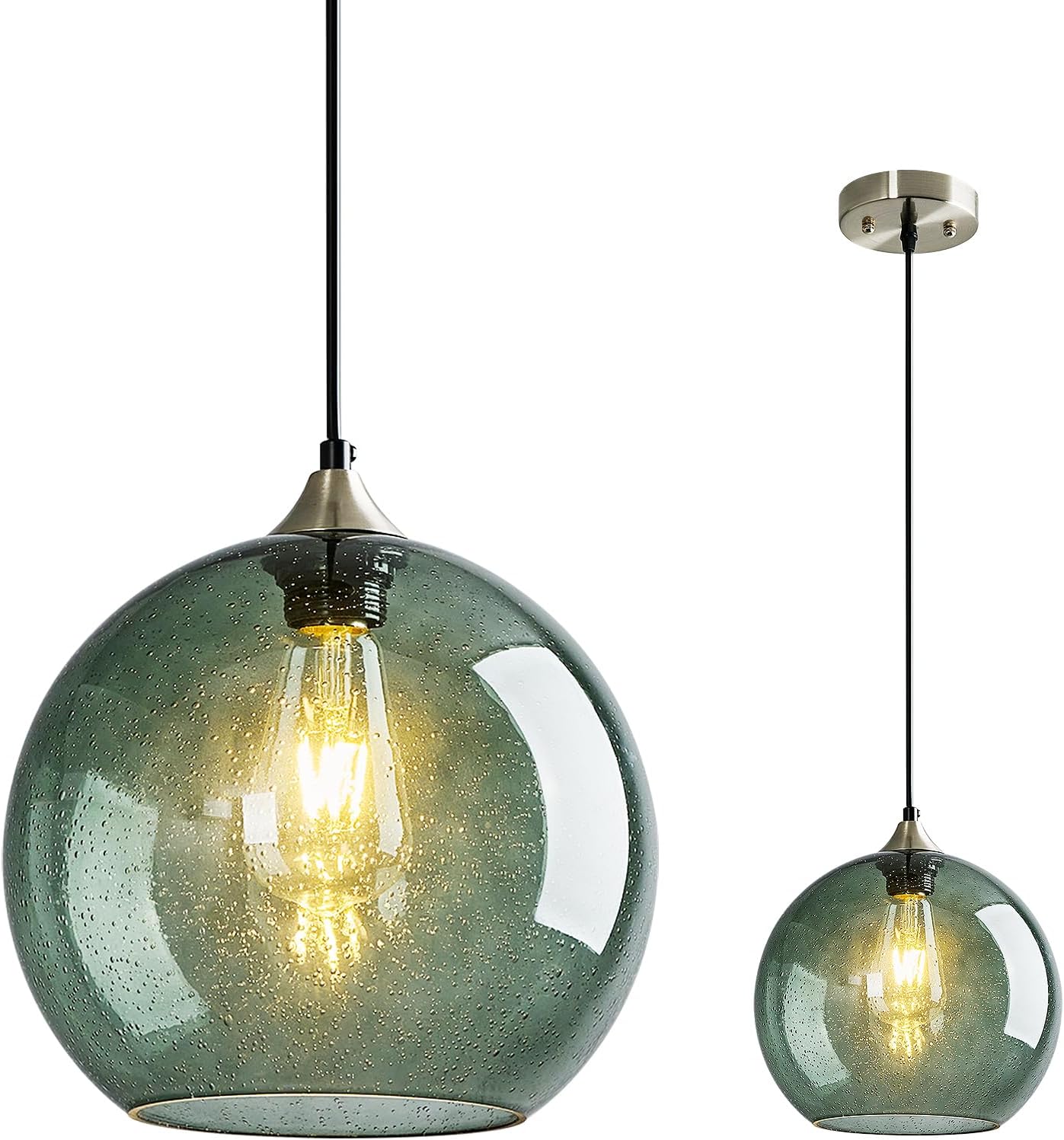 Gray Green Glass Pendant Lights Kitchen Island Lighting Globe Pendant Light Fixtures Modern Pendant Lighting for Kitchen Island Bedroom Living Dining Room Light Fixture(9.84in, 3-Pack)