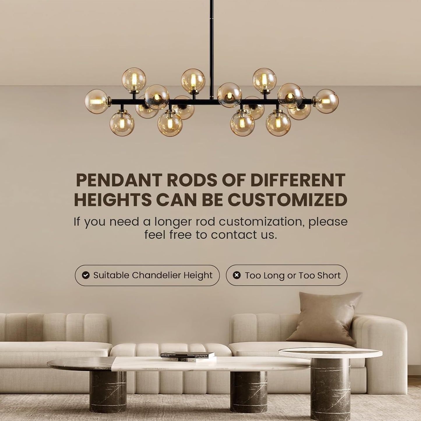 Mid Century Modern Chandeliers for Dining Room, 39" Linear Pendant Light Fixtures with Amber Glass Globe, 16-Light Sputnik Hanging Light for Living Room Kitchen Island