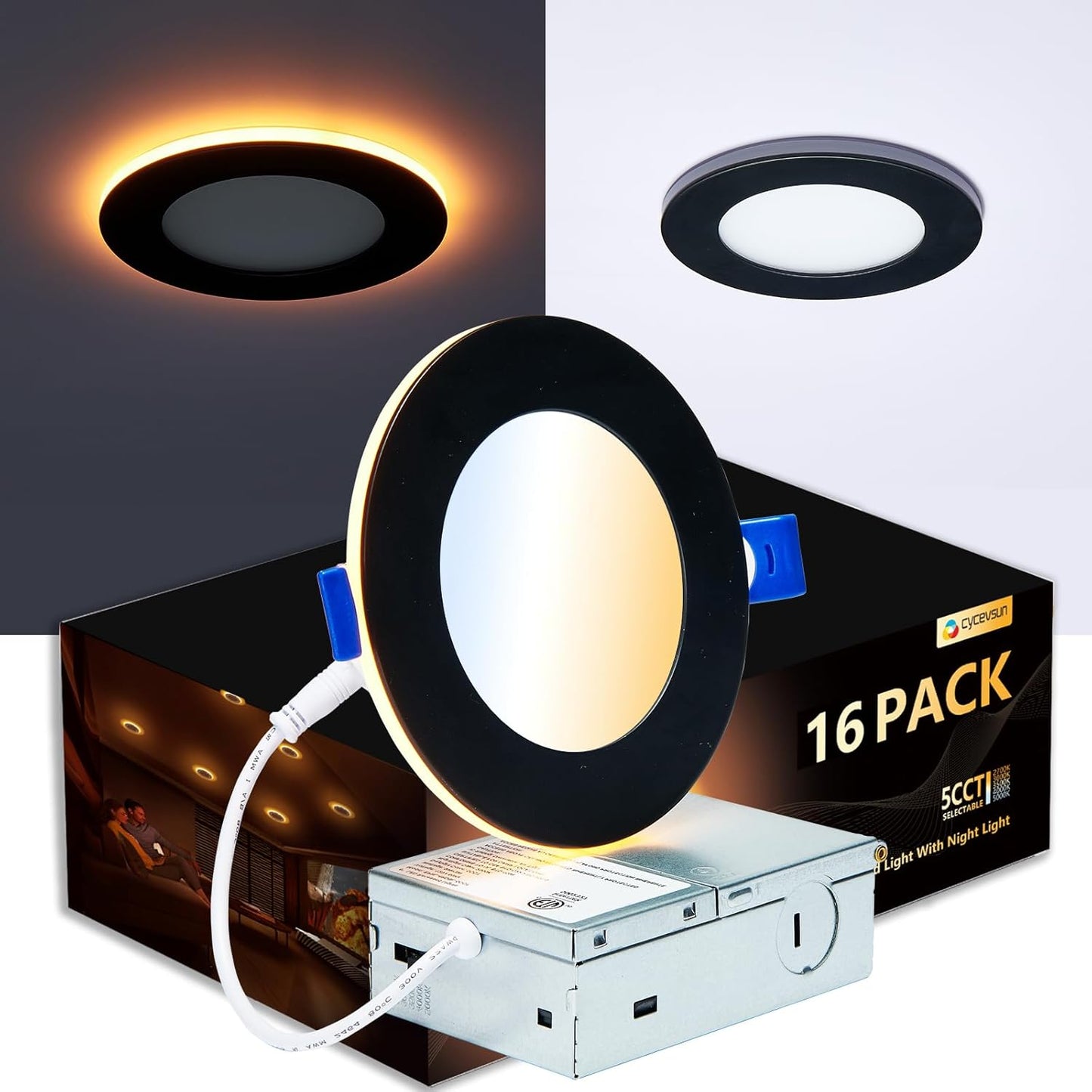 16 Pack Black Recessed Lights 4 Inch with Night Light, Canless Ultra Thin Wafer Soffit Downlight with Junction Box, Dimmable & 5 Color Selectable, 9W, ETL & Energy Star