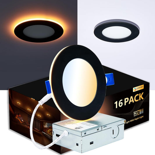 16 Pack Black Recessed Lights 4 Inch with Night Light, Canless Ultra Thin Wafer Soffit Downlight with Junction Box, Dimmable & 5 Color Selectable, 9W, ETL & Energy Star