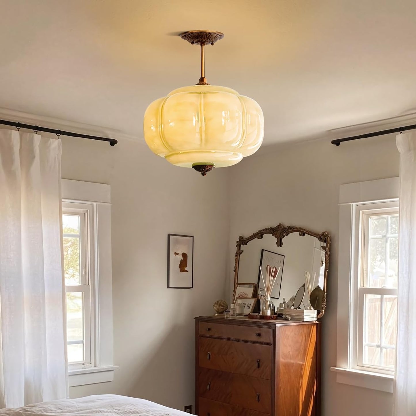 Milk Glass Ceiling Light Fixture - Antique Brass Semi Flush Mount Pendant Light for Kitchen, Hallway, and Bedroom (Green 15 inch)
