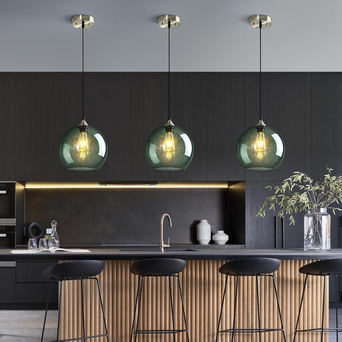 Gray Green Glass Pendant Lights Kitchen Island Lighting Globe Pendant Light Fixtures Modern Pendant Lighting for Kitchen Island Bedroom Living Dining Room Light Fixture(9.84in, 3-Pack)