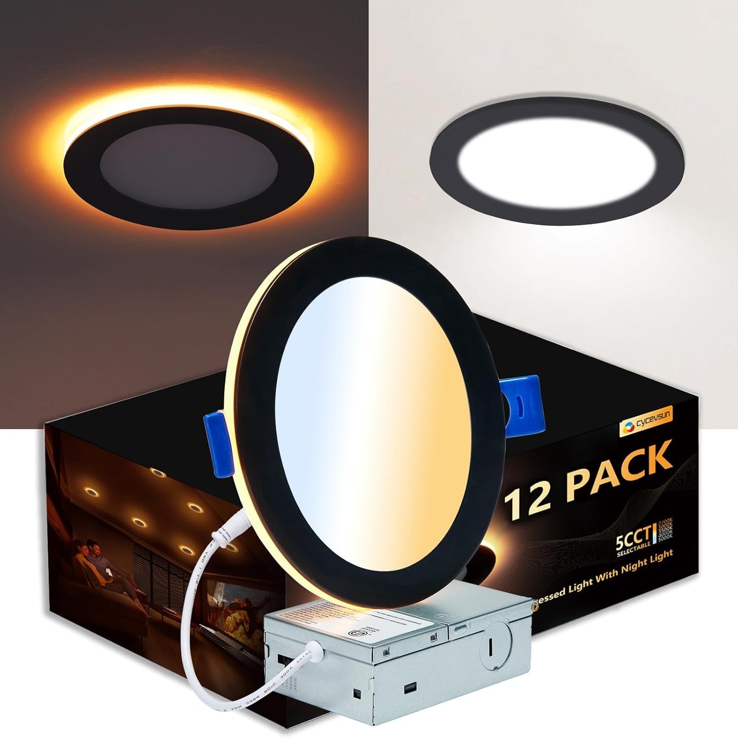 16 Pack Black Recessed Lights 4 Inch with Night Light, Canless Ultra Thin Wafer Soffit Downlight with Junction Box, Dimmable & 5 Color Selectable, 9W, ETL & Energy Star