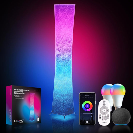 LEONC Floor Lamp with Remote, Tuya Smart 9W×2 Bulbs Included, 65" Smart Modern Floor Lamp with Alexa, Music Sync and 16 Million DIY Colors, RGB Color Changing Standing Lamp for Bedroom Living Room