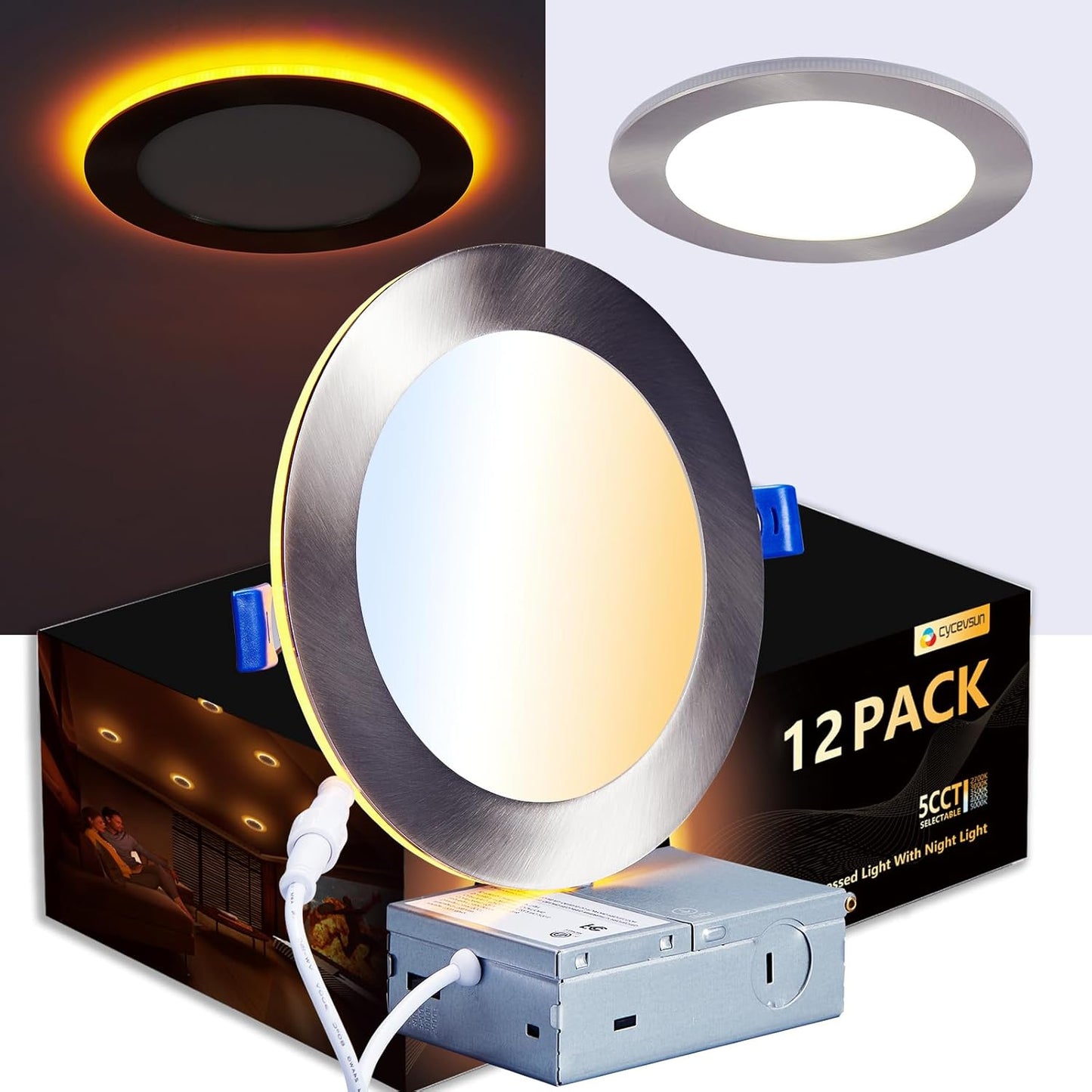 16 Pack Black Recessed Lights 4 Inch with Night Light, Canless Ultra Thin Wafer Soffit Downlight with Junction Box, Dimmable & 5 Color Selectable, 9W, ETL & Energy Star