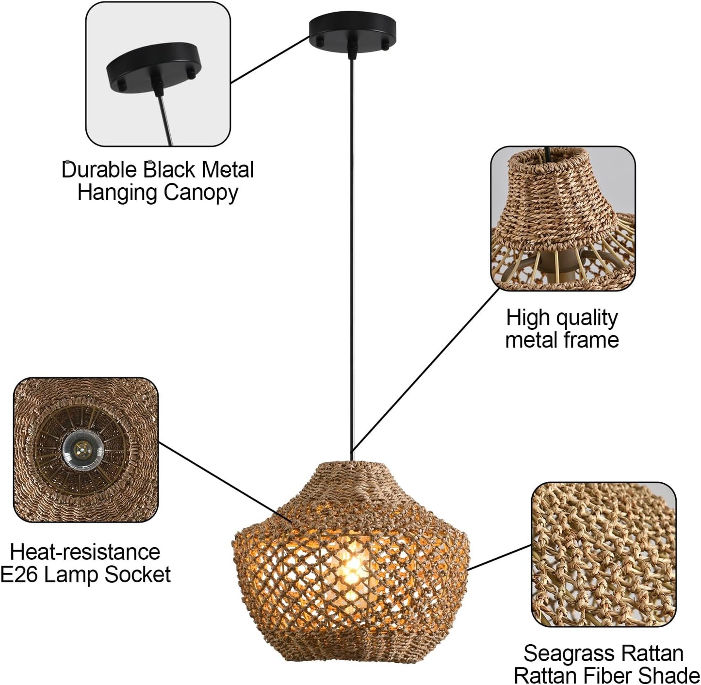 Rattan Pendant Light Fixtures,11.81" Boho Pendant Light,2-Pack Hand Woven Water Plants Rattan Chandelier for Workplace Occasions Restaurants Dining Living Bedroom Kitchen Farmhouse