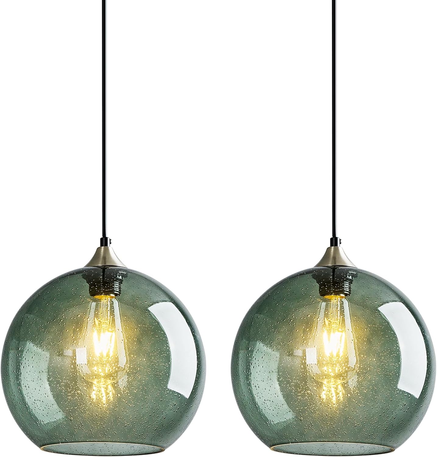 Gray Green Glass Pendant Lights Kitchen Island Lighting Globe Pendant Light Fixtures Modern Pendant Lighting for Kitchen Island Bedroom Living Dining Room Light Fixture(9.84in, 3-Pack)