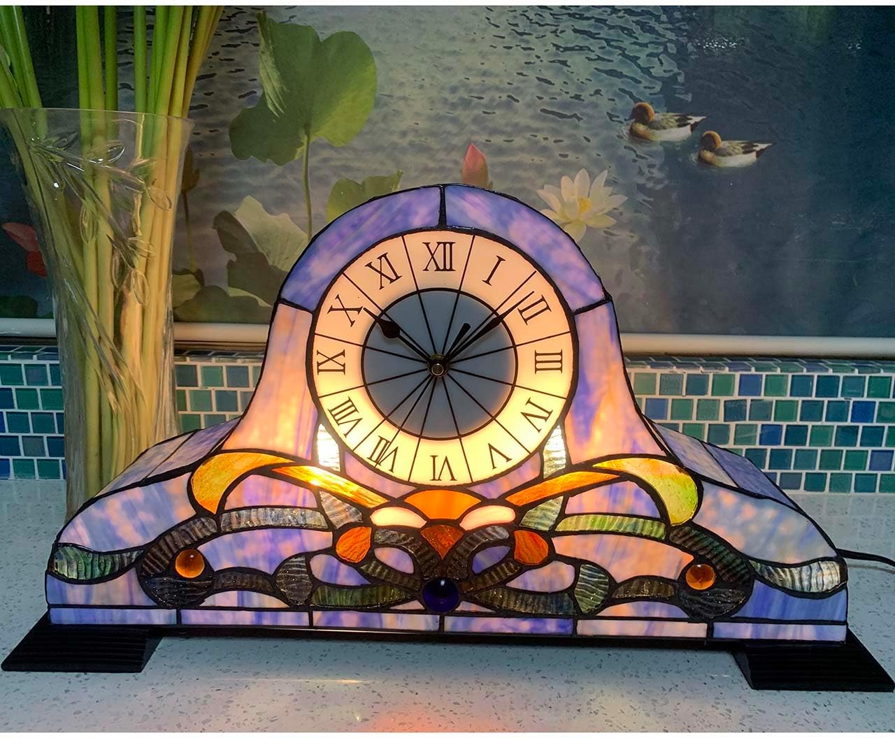 Bieye L10661 Baroque Desk Clock Tiffany Style Stained Glass Accent Table Lamp for Living Room Bedside Home Decoration, Night Light with Quartz Watch Inside (Blue)