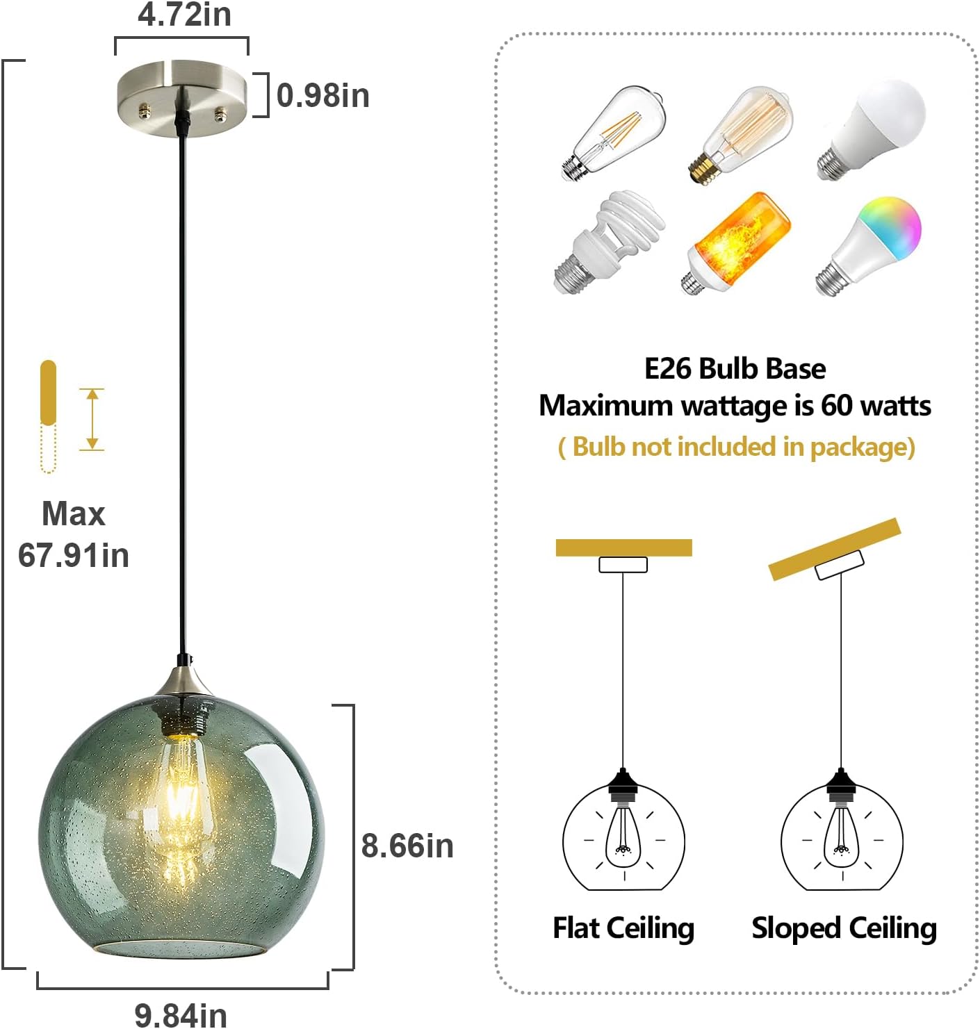 Gray Green Glass Pendant Lights Kitchen Island Lighting Globe Pendant Light Fixtures Modern Pendant Lighting for Kitchen Island Bedroom Living Dining Room Light Fixture(9.84in, 3-Pack)