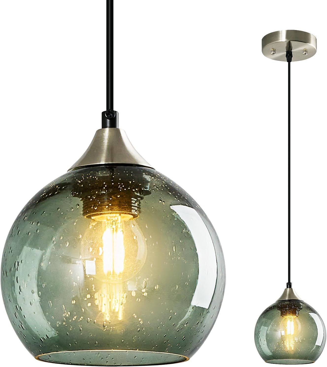 Gray Green Glass Pendant Lights Kitchen Island Lighting Globe Pendant Light Fixtures Modern Pendant Lighting for Kitchen Island Bedroom Living Dining Room Light Fixture(9.84in, 3-Pack)