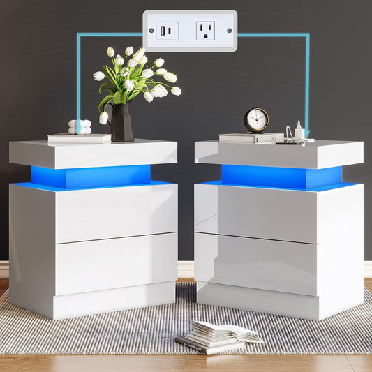 AMERLIFE High Gloss LED Nightstand Set of 2 with Charging Station, Modern Bedside Table Night Stand with LED Lights, Sofa End Side Tables with Drawers for Bedroom Living Room, White