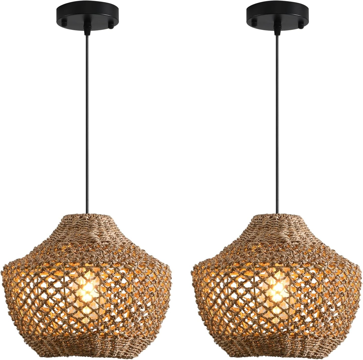 Rattan Pendant Light Fixtures,11.81" Boho Pendant Light,2-Pack Hand Woven Water Plants Rattan Chandelier for Workplace Occasions Restaurants Dining Living Bedroom Kitchen Farmhouse