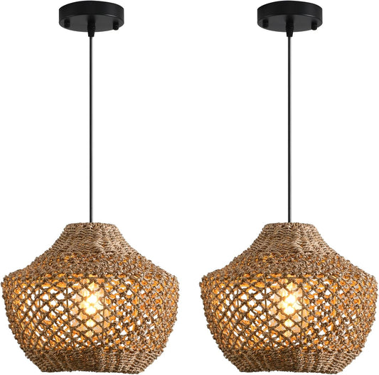 Rattan Pendant Light Fixtures,11.81" Boho Pendant Light,2-Pack Hand Woven Water Plants Rattan Chandelier for Workplace Occasions Restaurants Dining Living Bedroom Kitchen Farmhouse