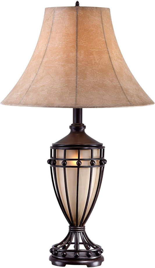 Franklin Iron Works Cardiff Traditional Table Lamp 33" Tall with Night Light Brushed Iron Cage Champagne Urn Glass Beige Bell Flared Shade for Bedroom Living Room House Bedside Nightstand Office