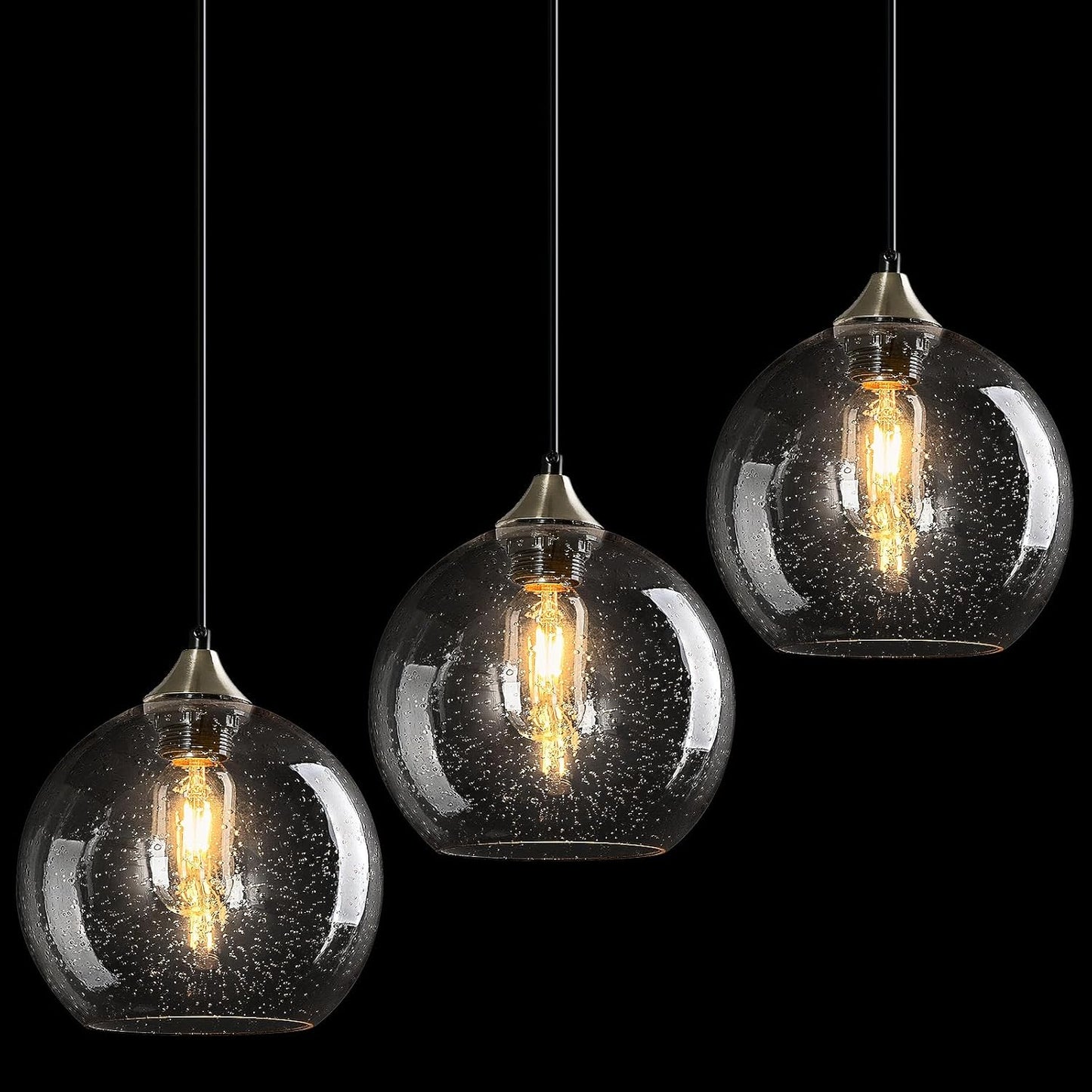 Gray Green Glass Pendant Lights Kitchen Island Lighting Globe Pendant Light Fixtures Modern Pendant Lighting for Kitchen Island Bedroom Living Dining Room Light Fixture(9.84in, 3-Pack)