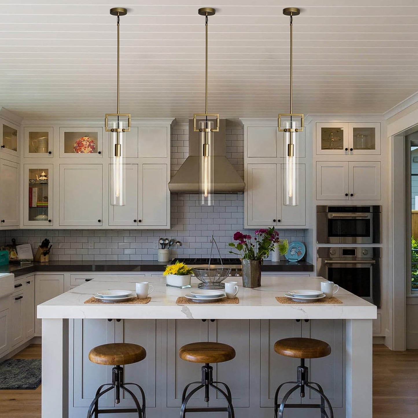 Modern Gold Pendant Light Fixture Set of 2-21.6 Inch Adjustable Hanging Chandelier with Glass Shade & Brass Finish, Large Farmhouse Island Lighting for Kitchen, Dining Room, Bathroom