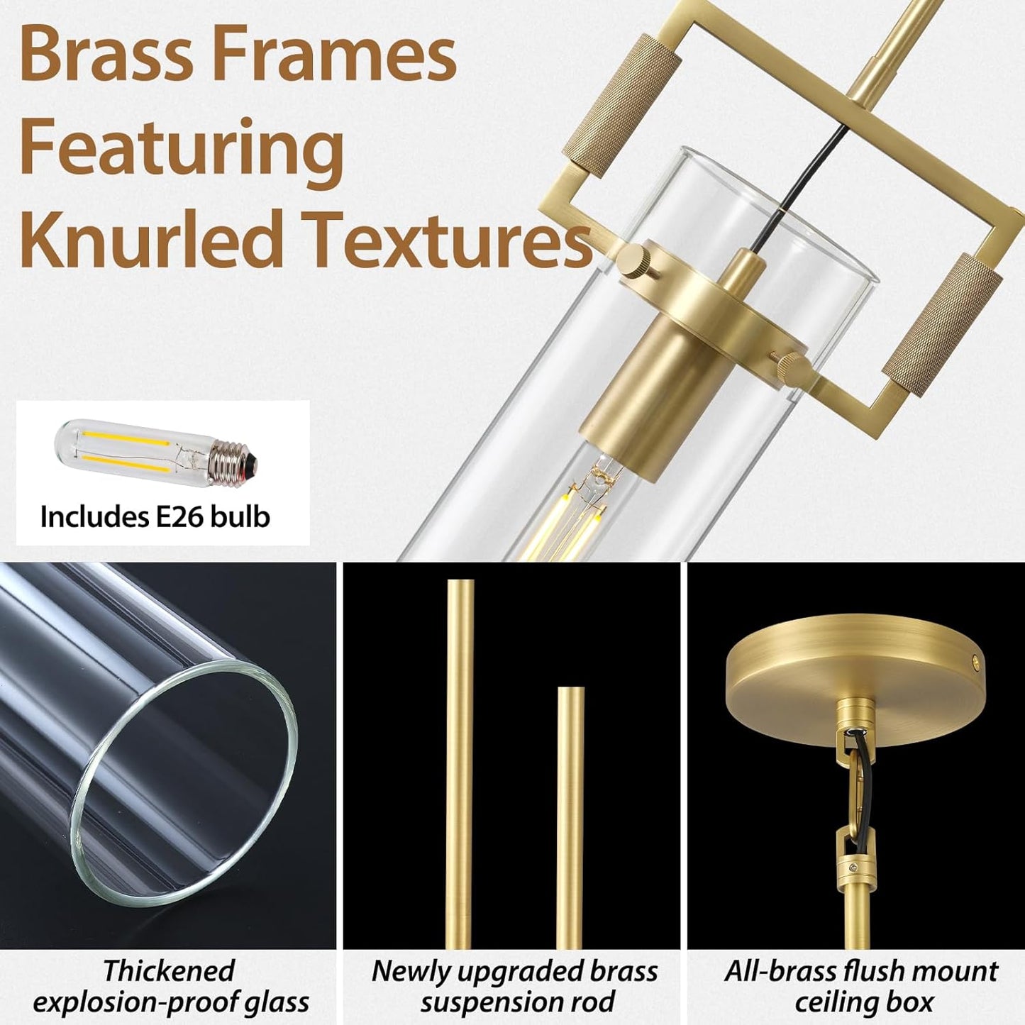 Brass Pendant Lights Kitchen Island, Modern Gold Pendant Lights 2 Pack,12Inch Glass Knurled Kitchen Pendant Lighting Over Island,Farmhouse Island Lights For Kitchen Sink,Bathroom,Bedroom,Dinning Table