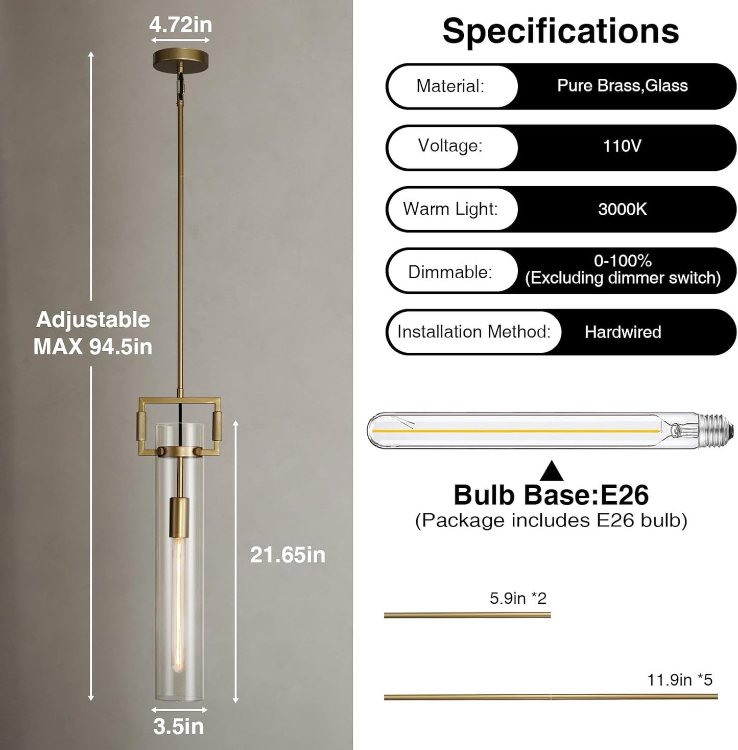 Modern Gold Pendant Light Fixture Set of 2-21.6 Inch Adjustable Hanging Chandelier with Glass Shade & Brass Finish, Large Farmhouse Island Lighting for Kitchen, Dining Room, Bathroom