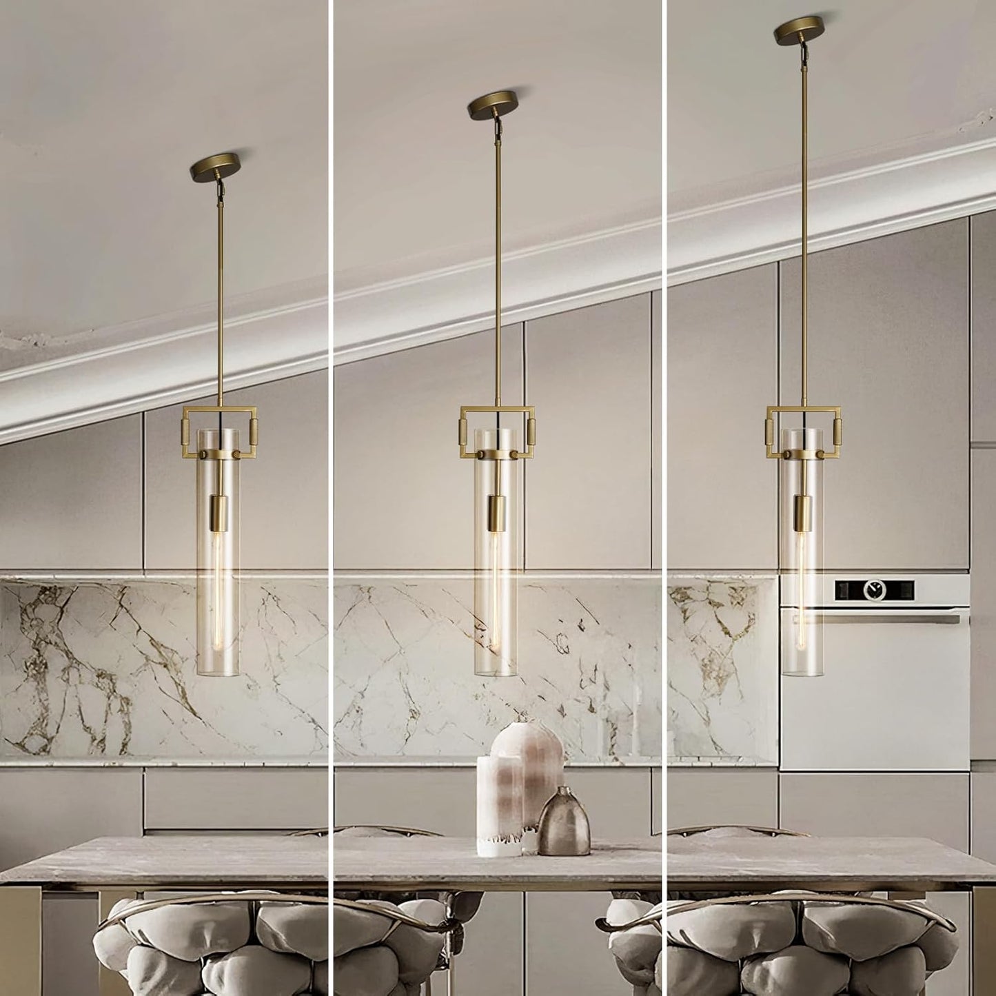 Modern Gold Pendant Light Fixture Set of 2-21.6 Inch Adjustable Hanging Chandelier with Glass Shade & Brass Finish, Large Farmhouse Island Lighting for Kitchen, Dining Room, Bathroom