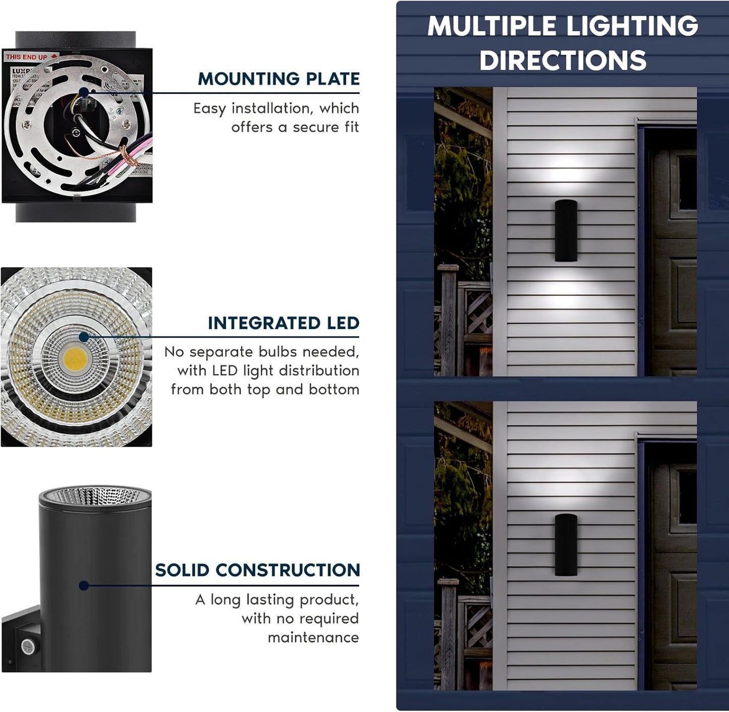 LUXRITE Dusk to Dawn LED Modern Outdoor Wall Lights, 18", Up or Up and Down Light, 3CCT 3000K-5000K, Waterproof Cylinder Wall Sconce, 20/30/40W, Dimmable, IP65, ETL - Porch Patio Garage (2 Pack)