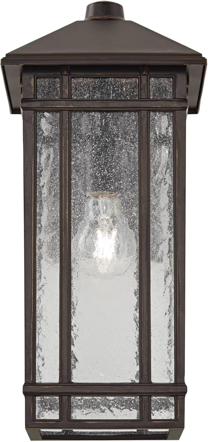 kathy ireland Sierra Craftsman 16 1/2" High Farmhouse Rustic Outdoor Wall Light Fixture Mount Porch House Exterior Outside Lantern Set of 2 Weatherproof Oil Rubbed Bronze Metal Seeded Glass Shade