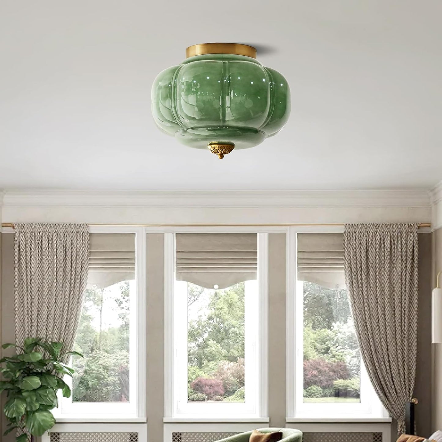 Milk Glass Ceiling Light Fixture - Antique Brass Semi Flush Mount Pendant Light for Kitchen, Hallway, and Bedroom (Green 15 inch)